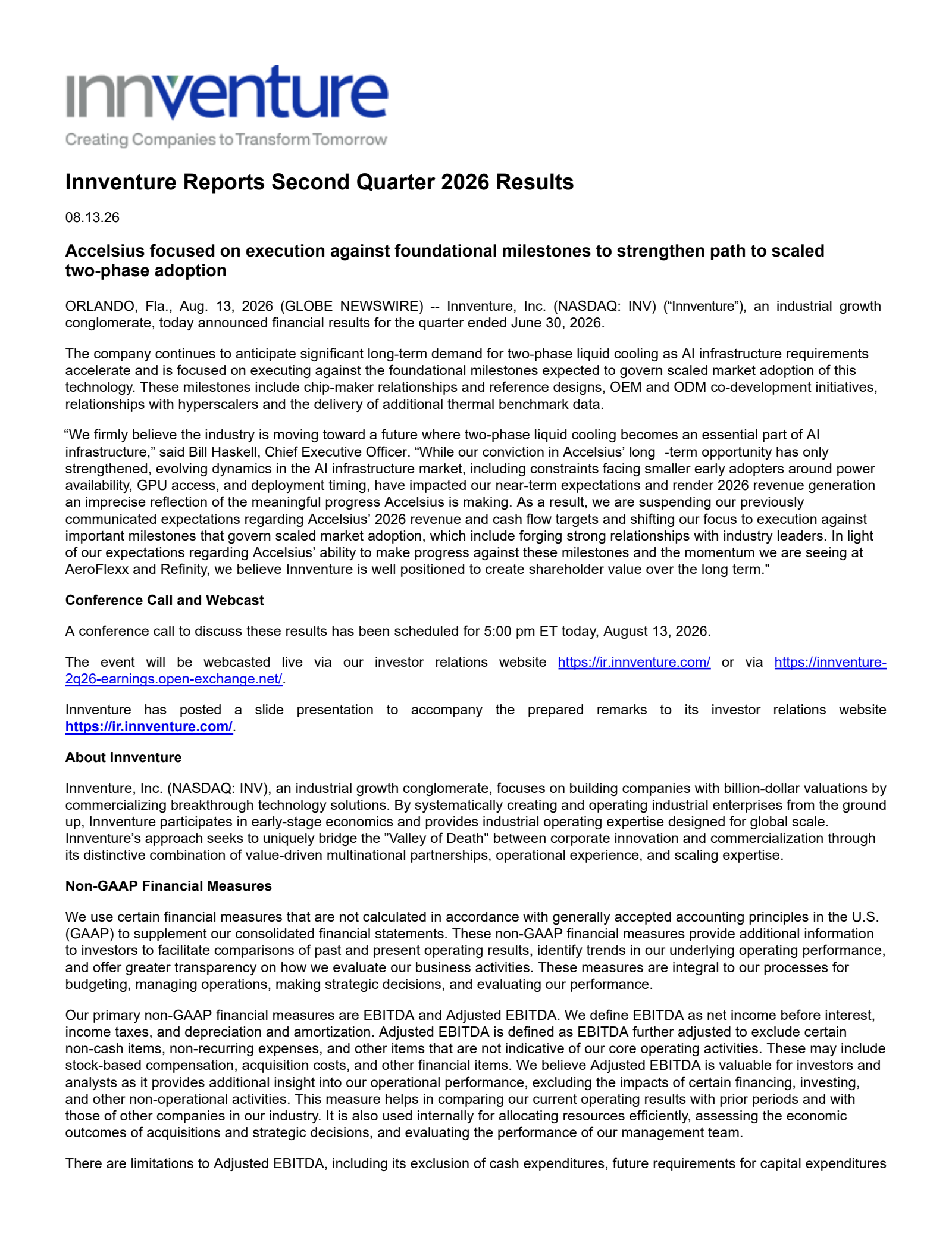 Innventure's Q2 2026 Press Release