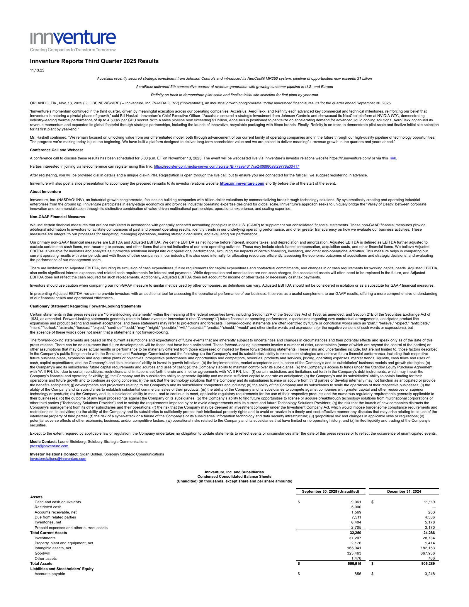 Innventure's Q3 2025 Earnings Release