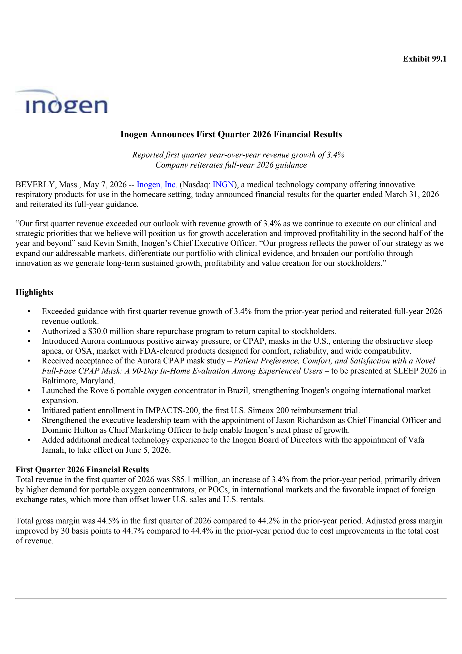 Inogen's Q1 2026 Press Release