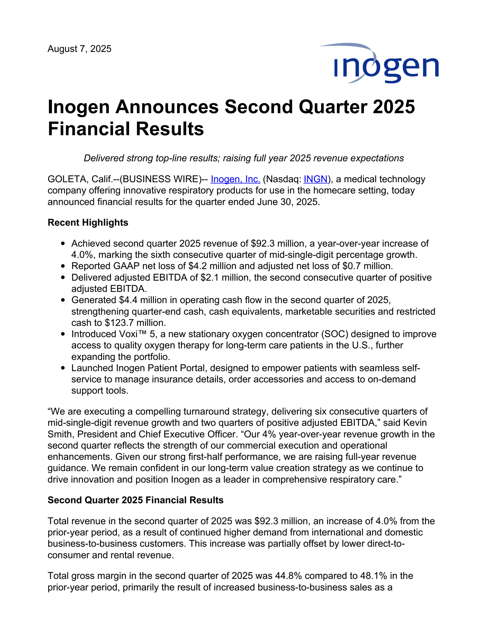 Inogen's Q2 2025 Press Release