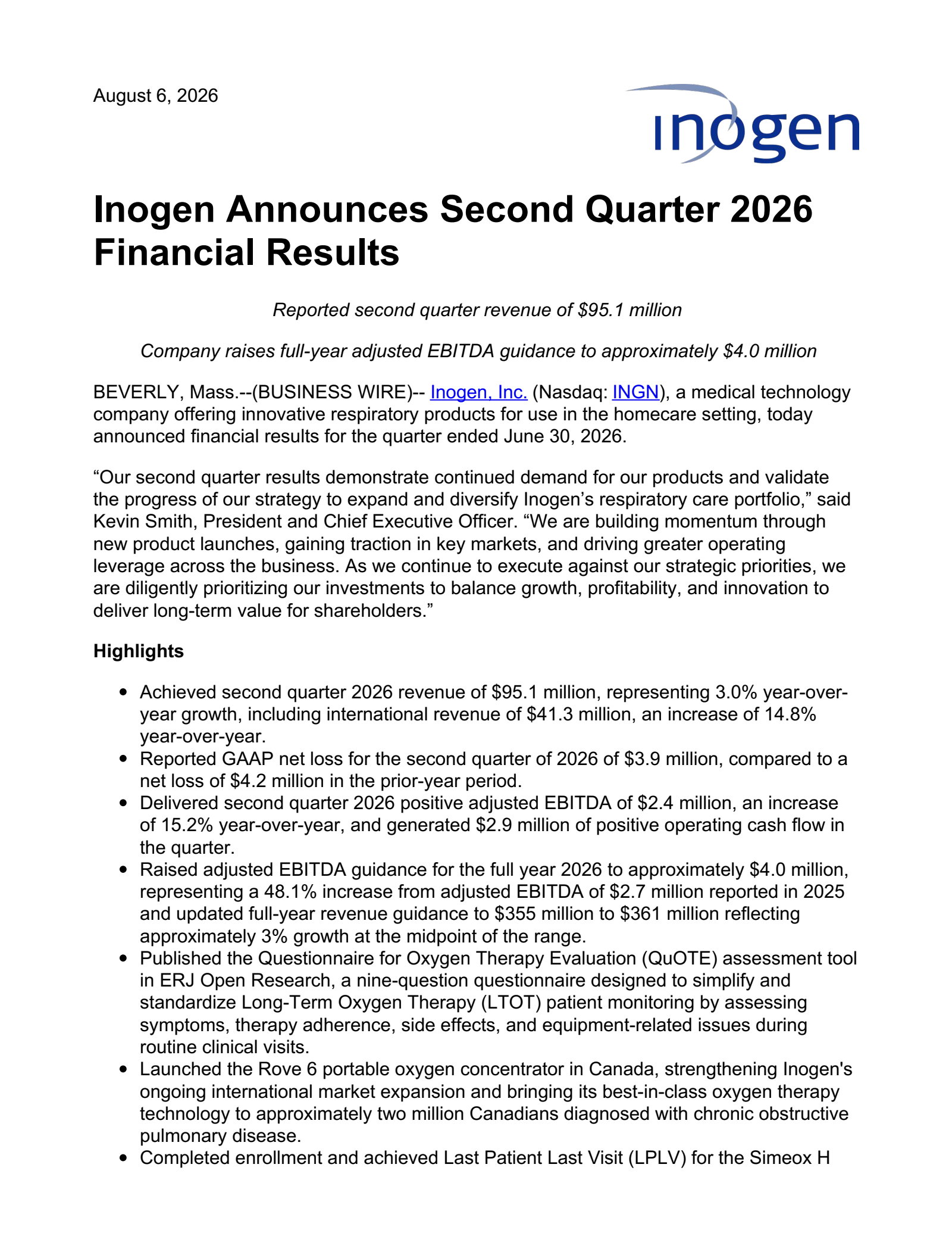 Inogen's Q2 2026 Press Release