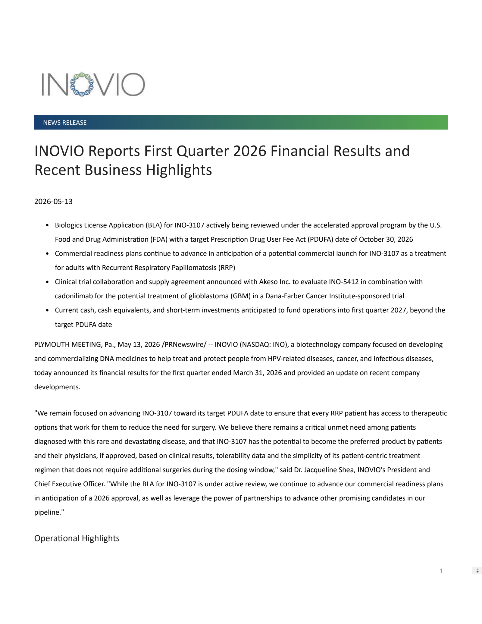 Inovio Pharmaceuticals' Q1 2026 Press Release
