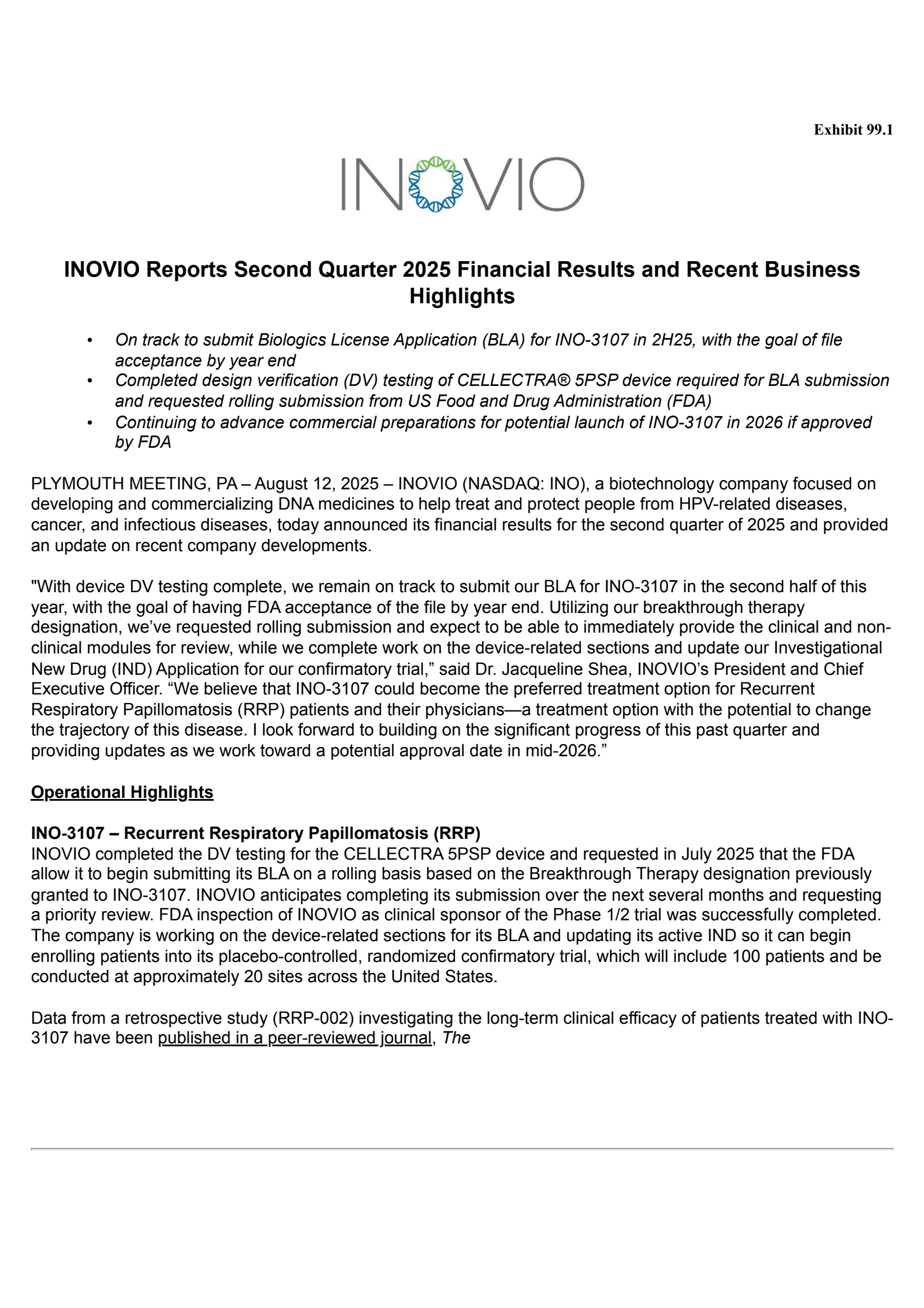 Inovio Pharmaceuticals' Q2 2025 Press Release