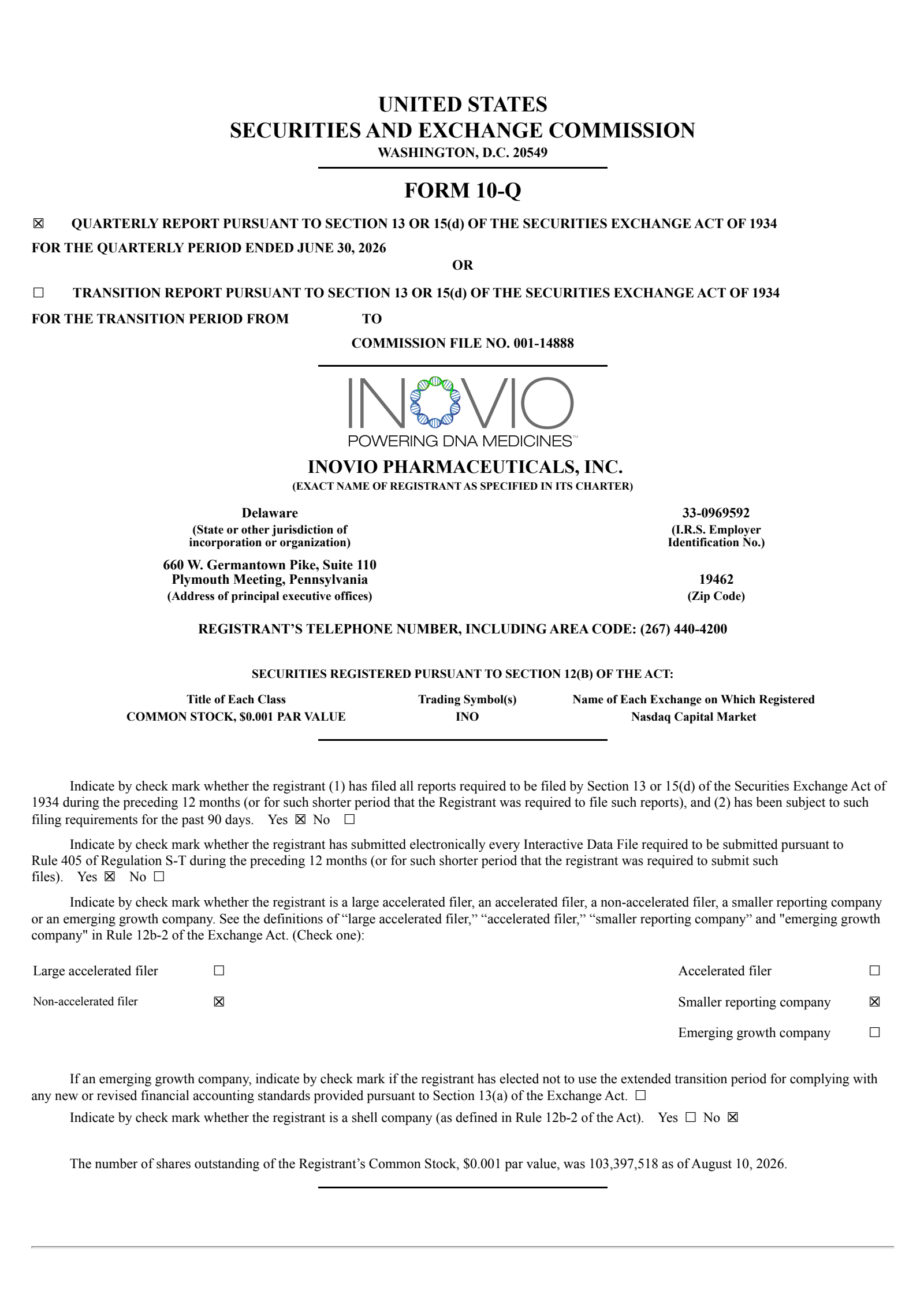 Inovio Pharmaceuticals' Q2 2026 Quarterly report