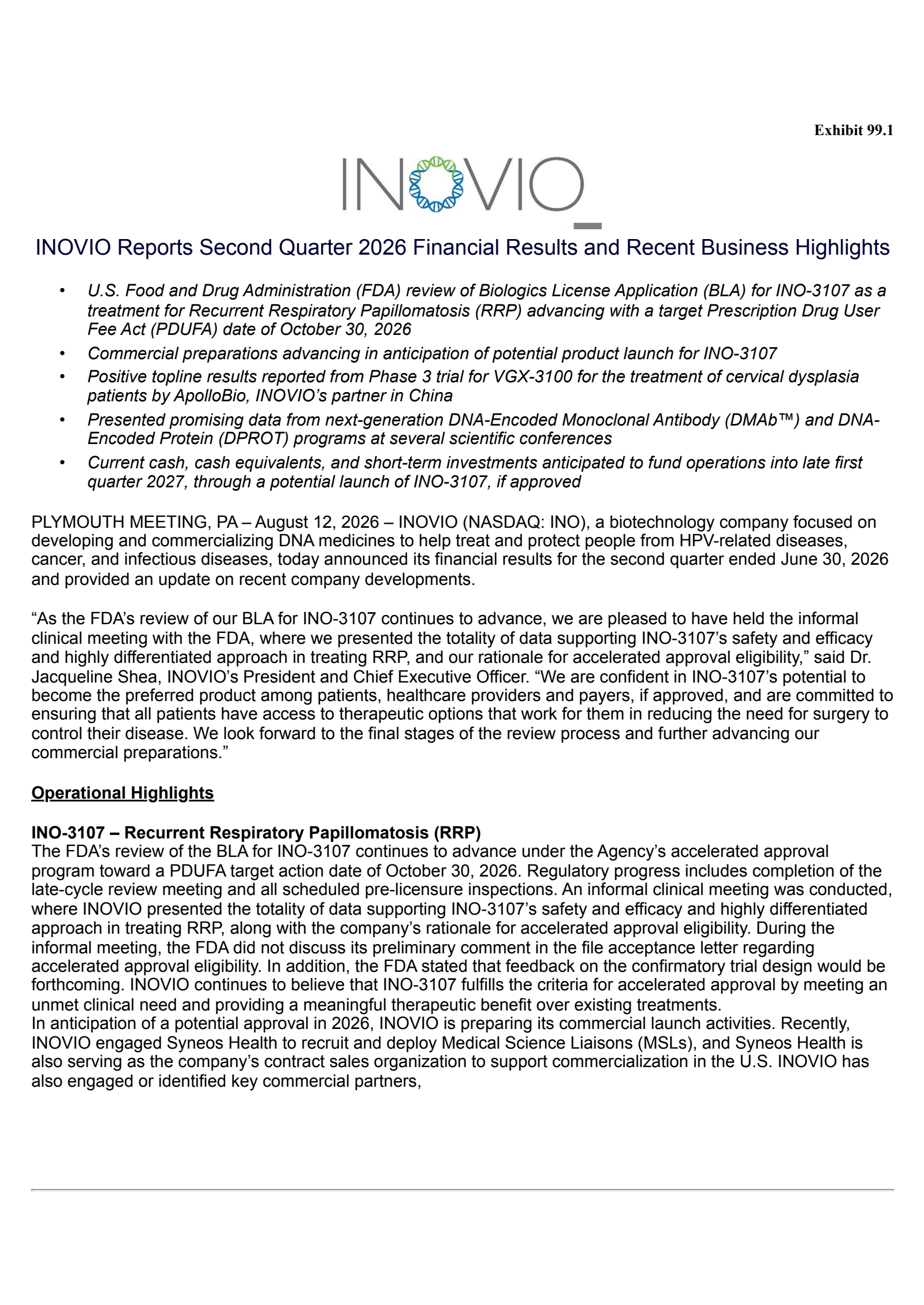 Inovio Pharmaceuticals' Q2 2026 Press Release
