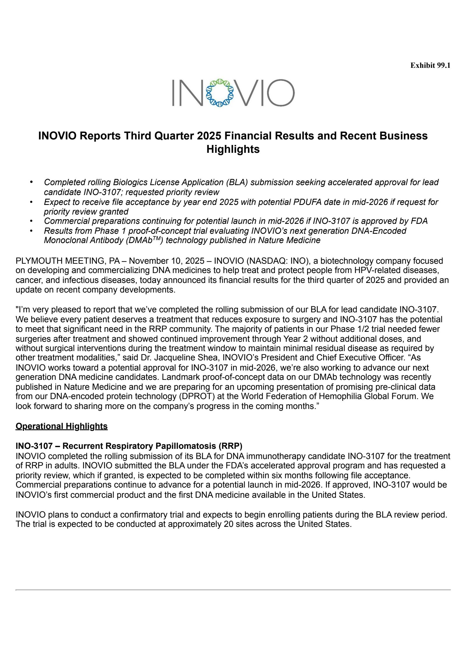 Inovio Pharmaceuticals' Q3 2025 Earnings Release