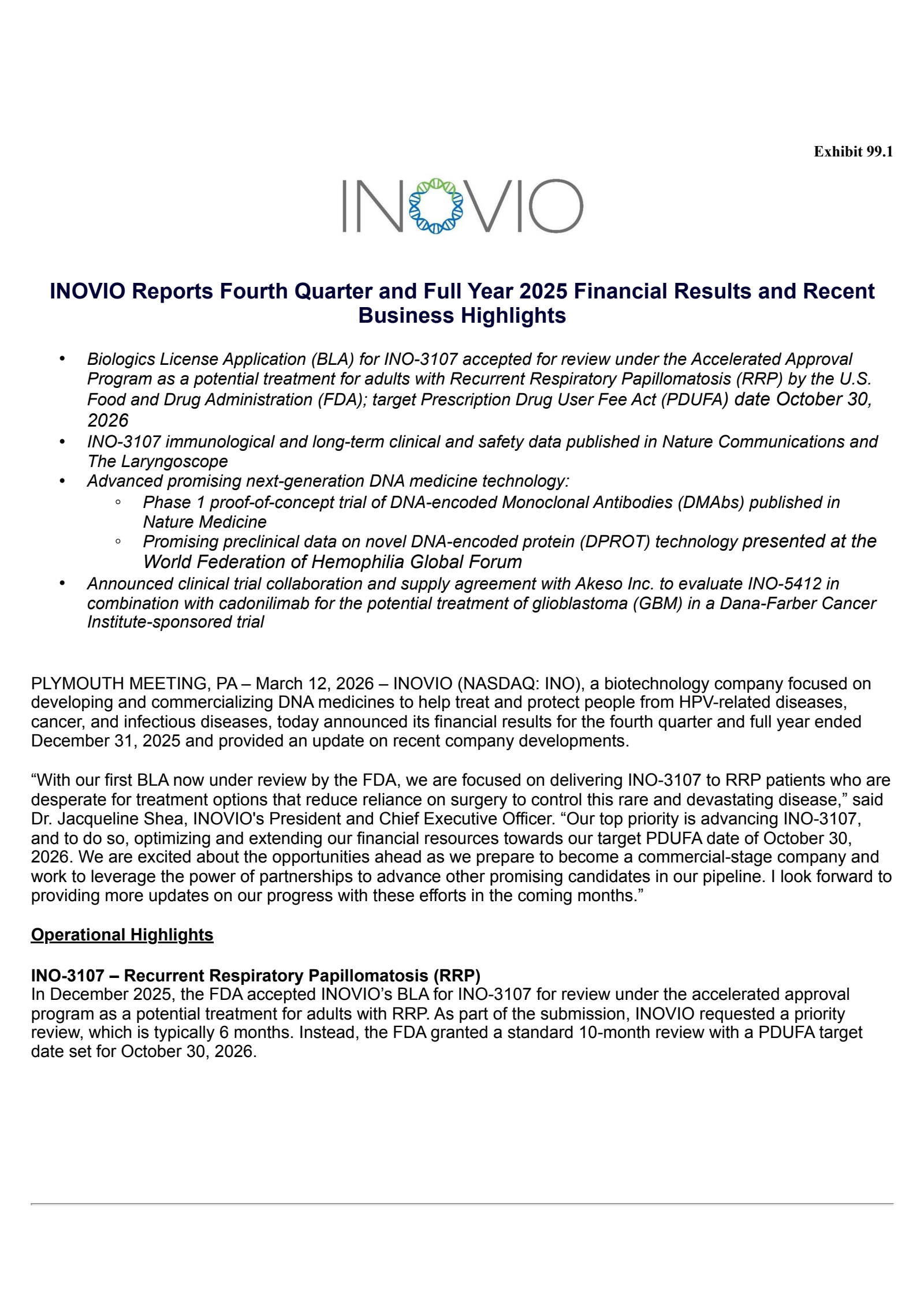 Inovio Pharmaceuticals' Q4 2025 Press Release