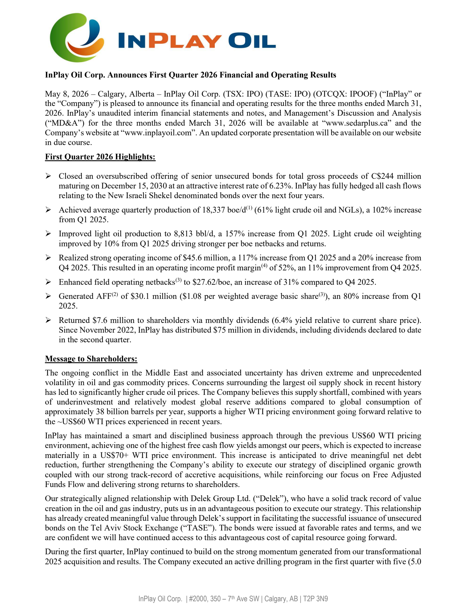 InPlay Oil's Q1 2026 Press Release