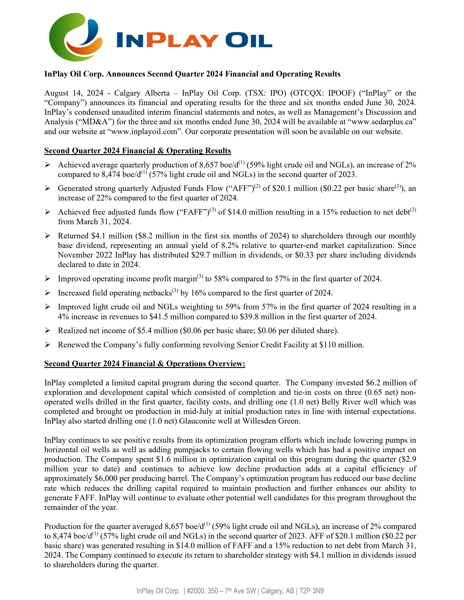 InPlay Oil's Q2 2024 Press Release