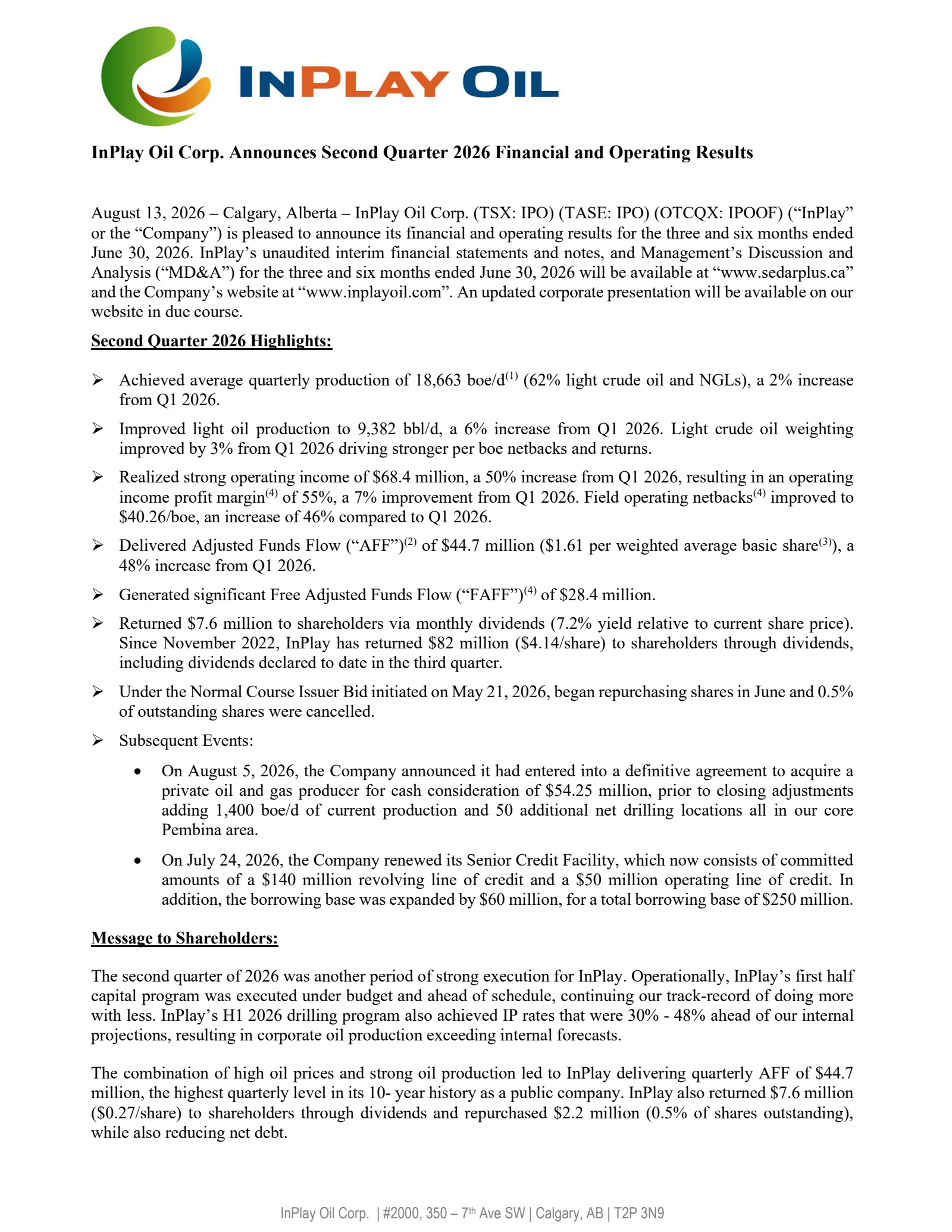 InPlay Oil's Q2 2026 Press Release