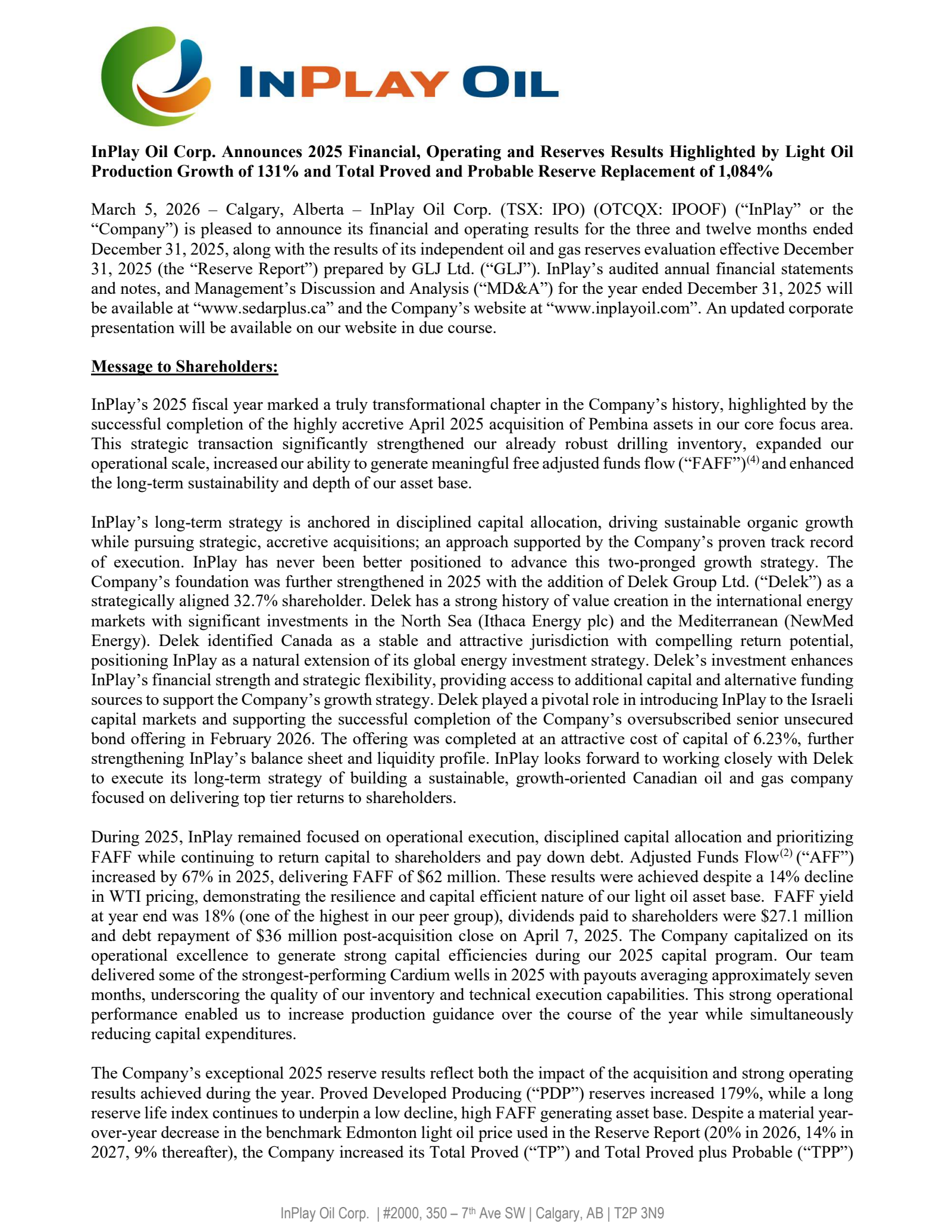 InPlay Oil's Q4 2025 Press Release