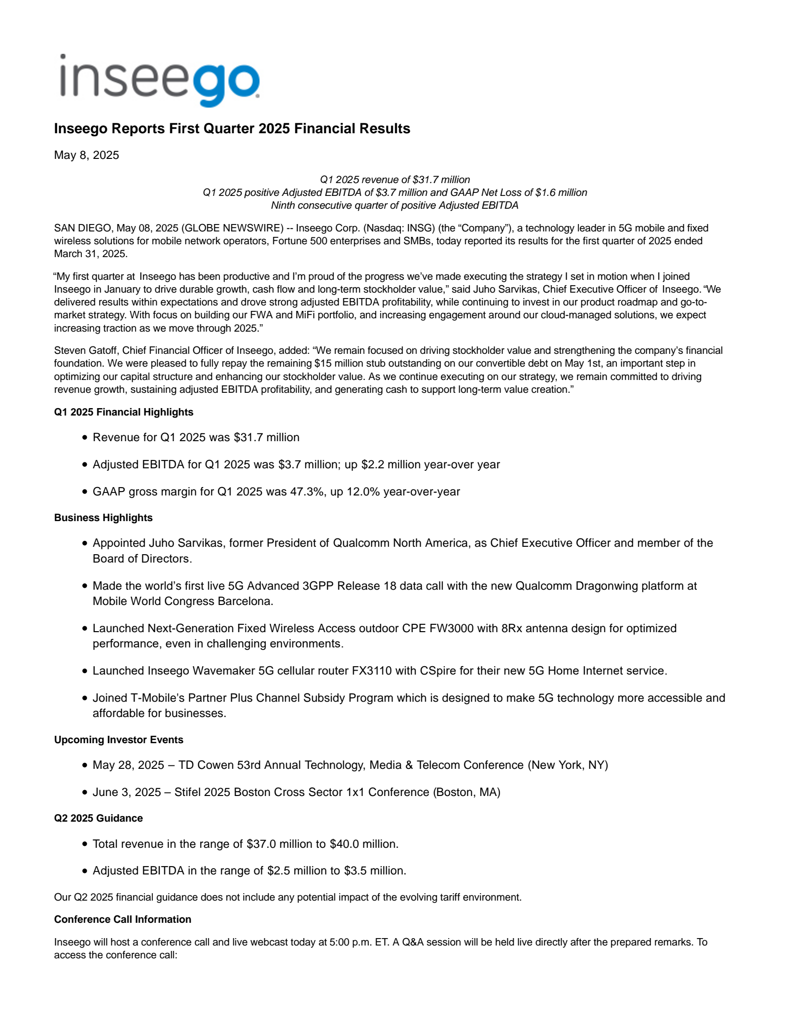 Inseego's Q1 2025 Press Release
