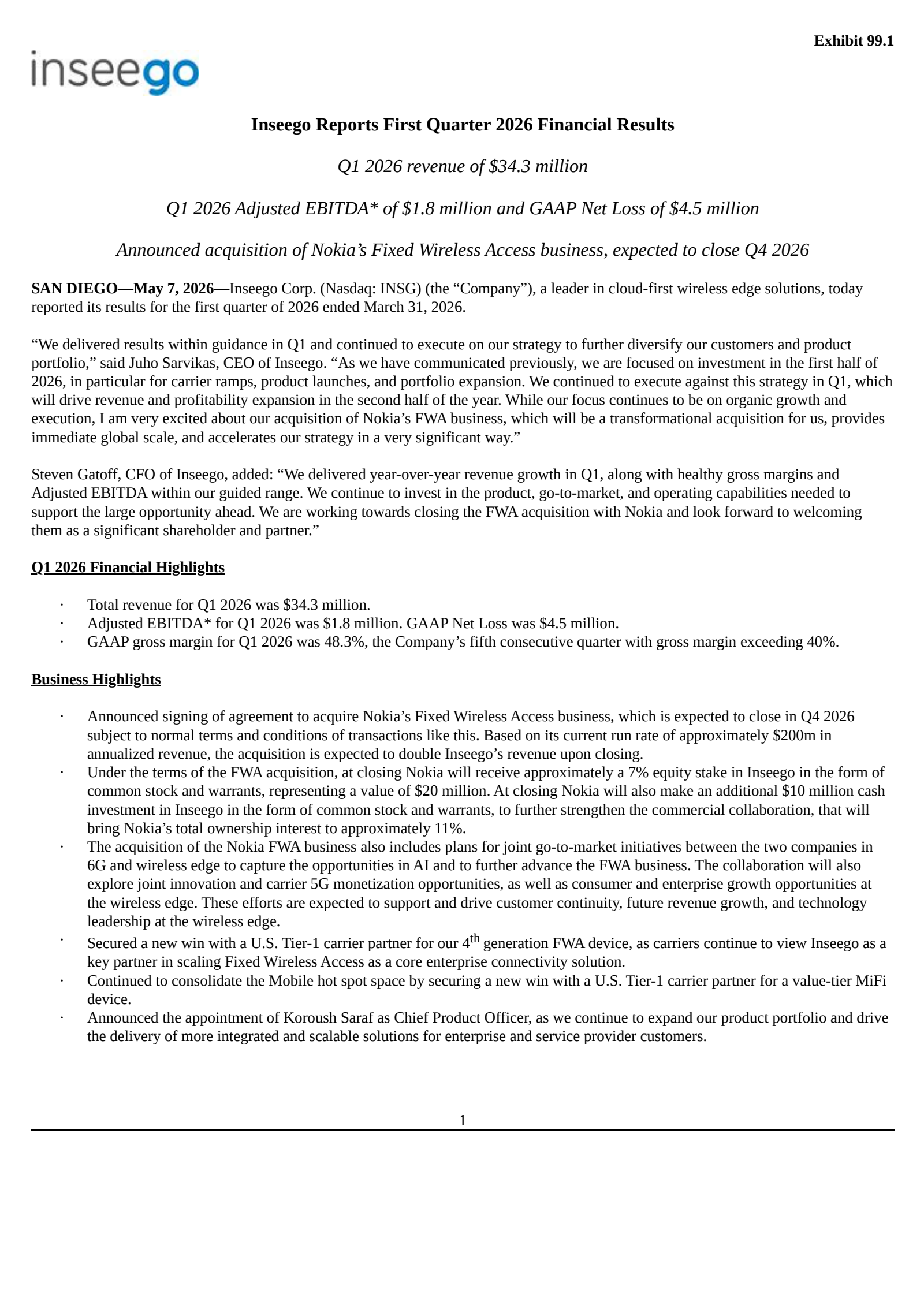 Inseego's Q1 2026 Press Release