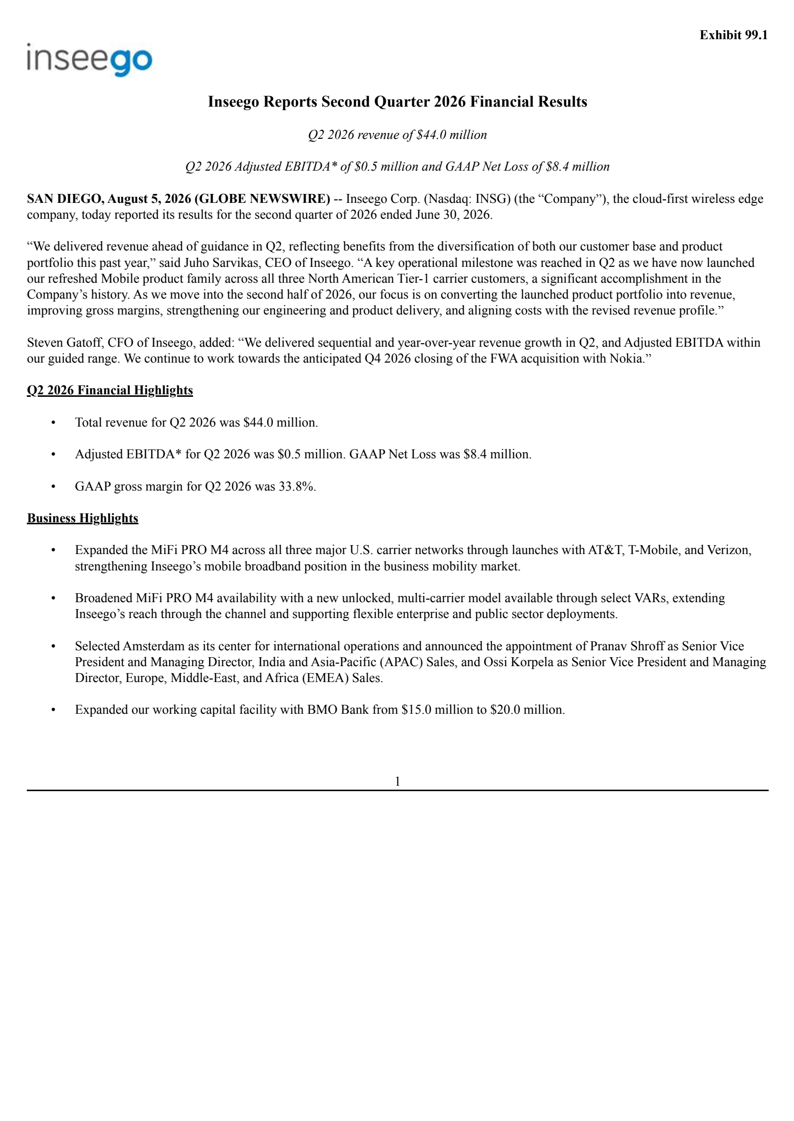 Inseego's Q2 2026 Press Release