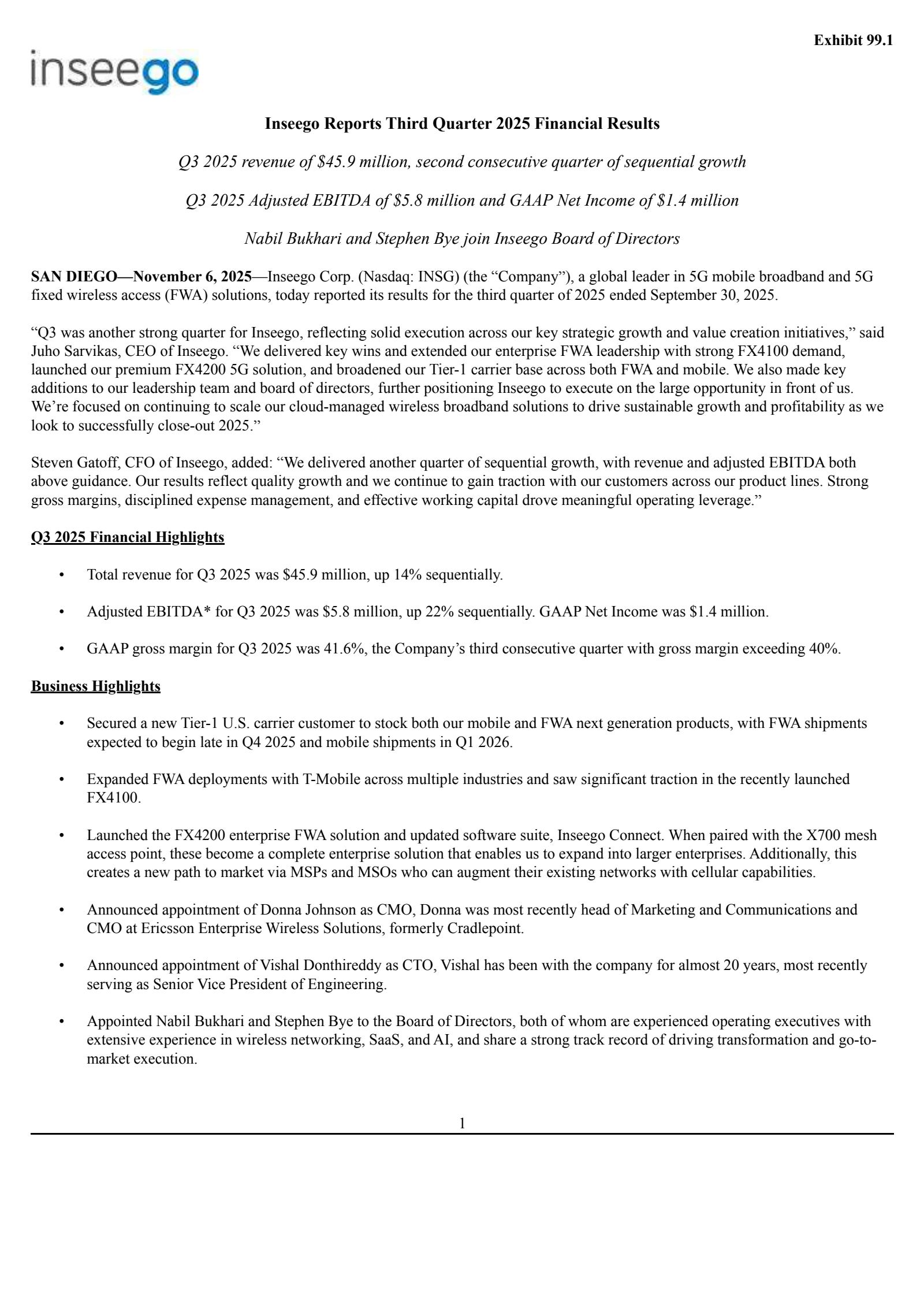 Inseego's Q3 2025 Earnings Release