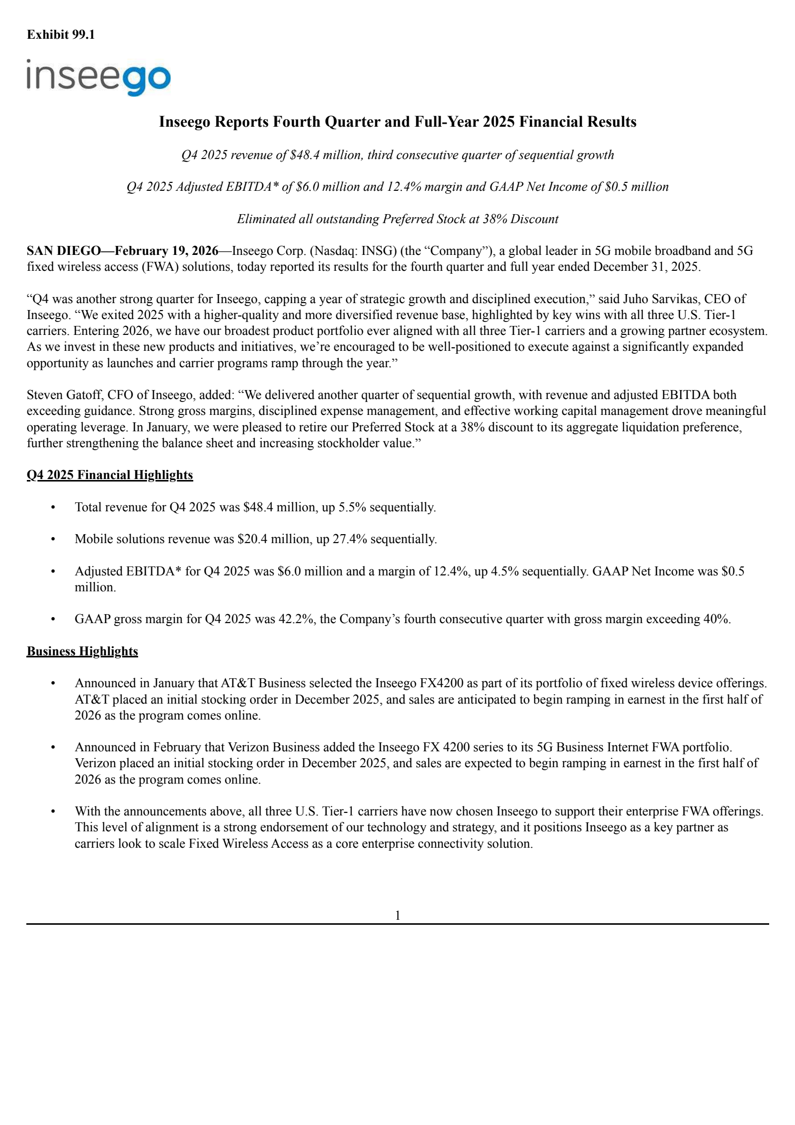 Inseego's Q4 2025 Press Release