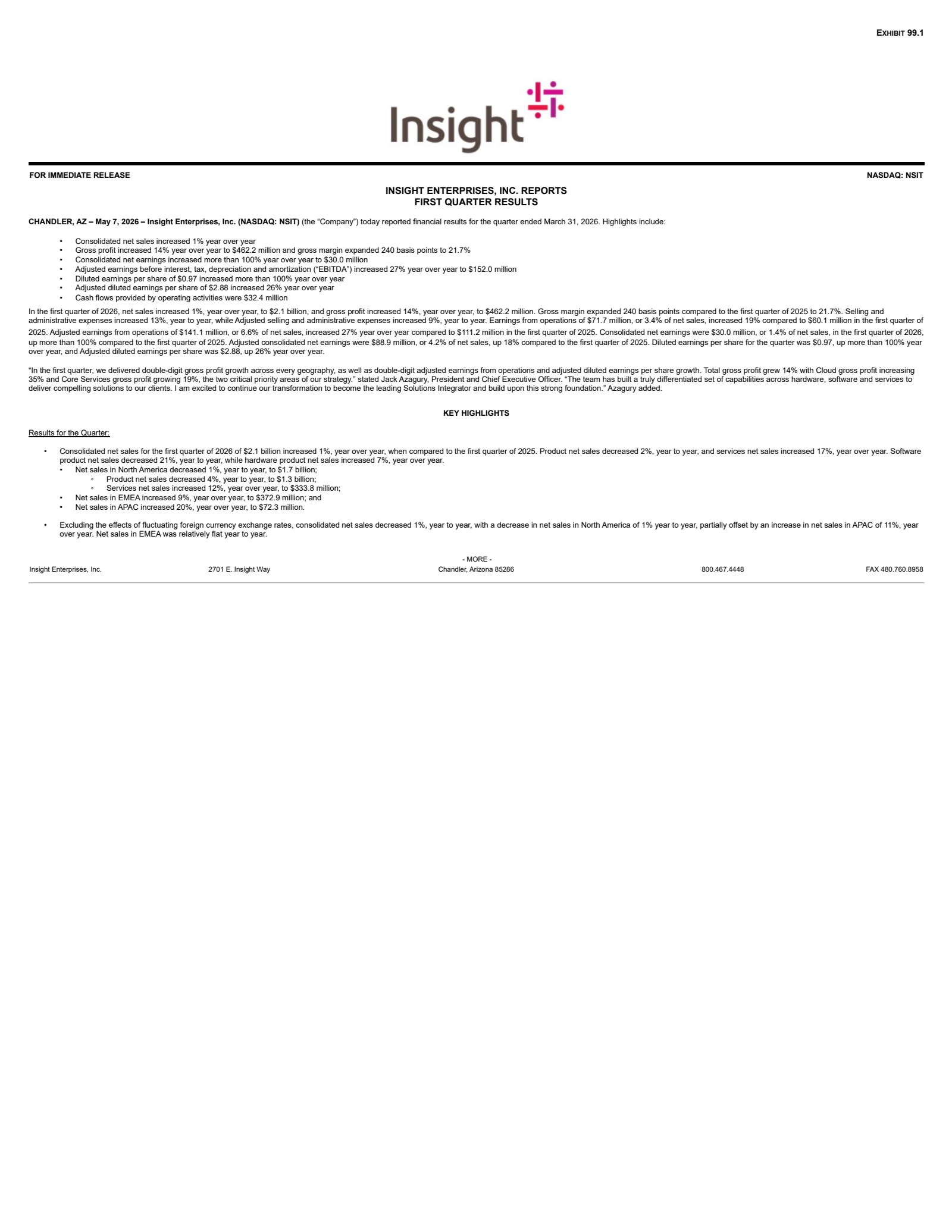 Insight Enterprises' Q1 2026 Press Release