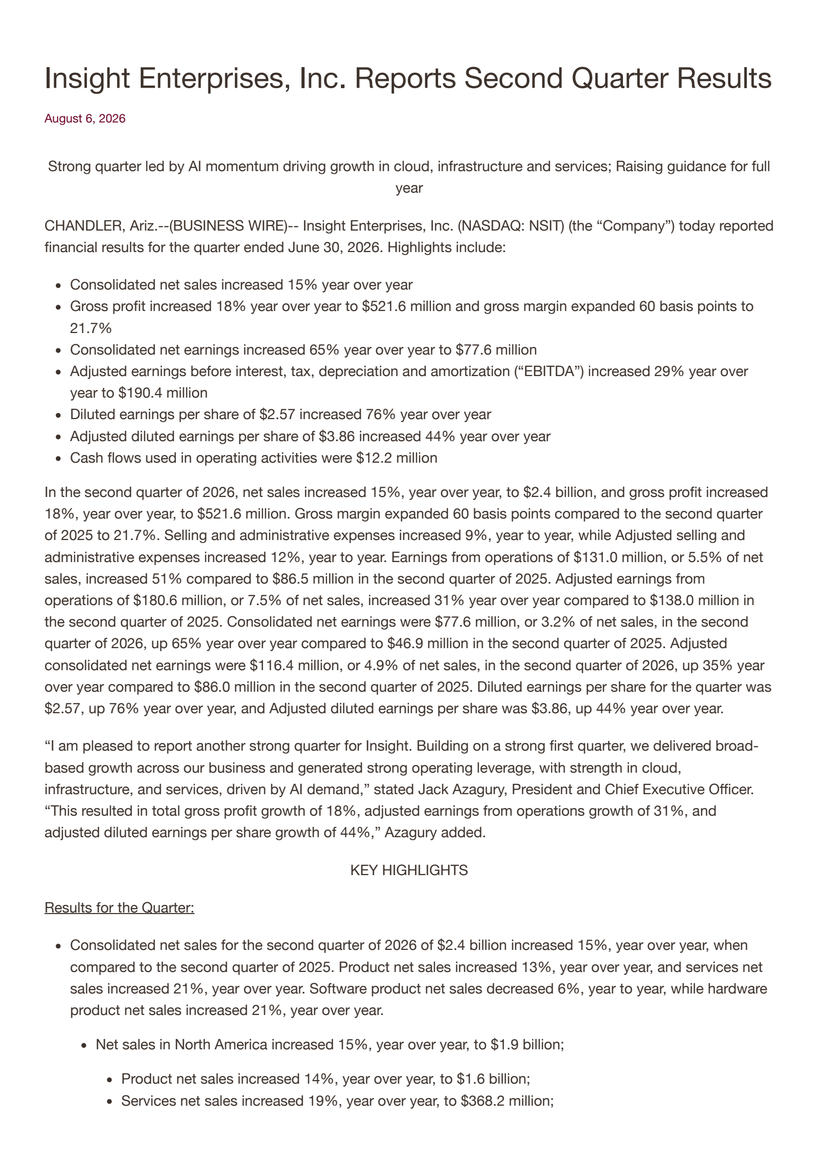 Insight Enterprises' Q2 2026 Press Release