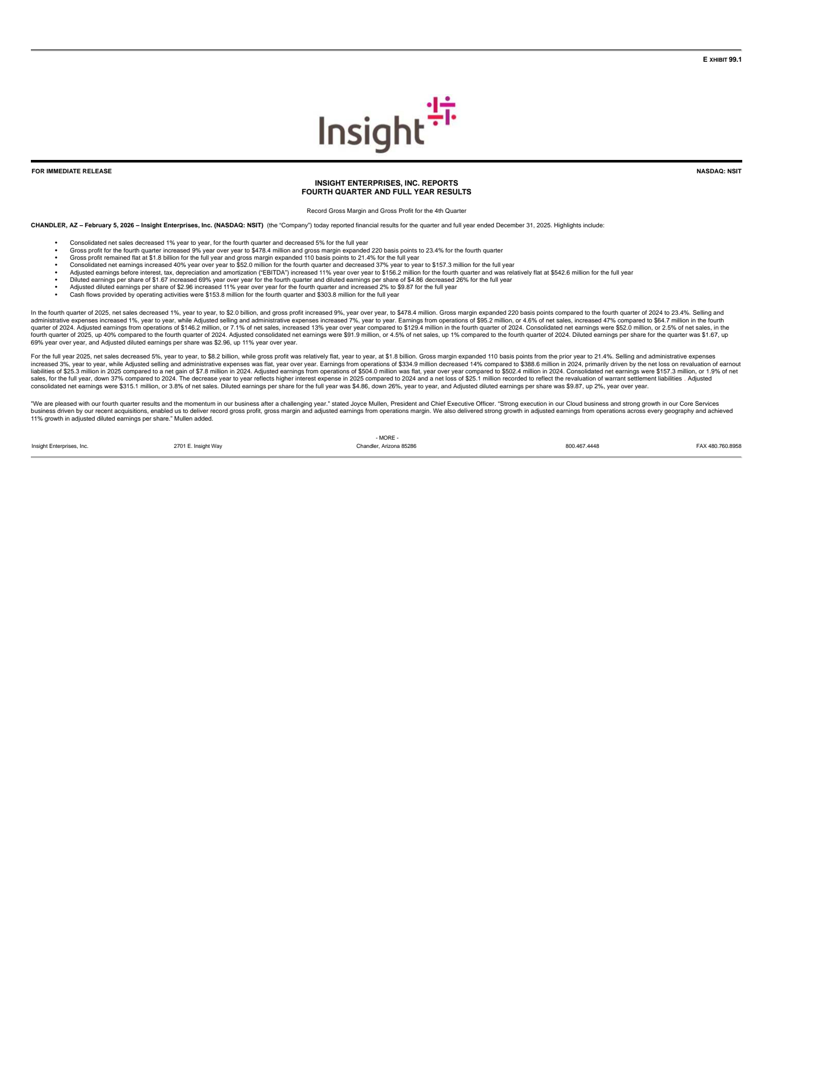 Insight Enterprises' Q4 2025 Press Release