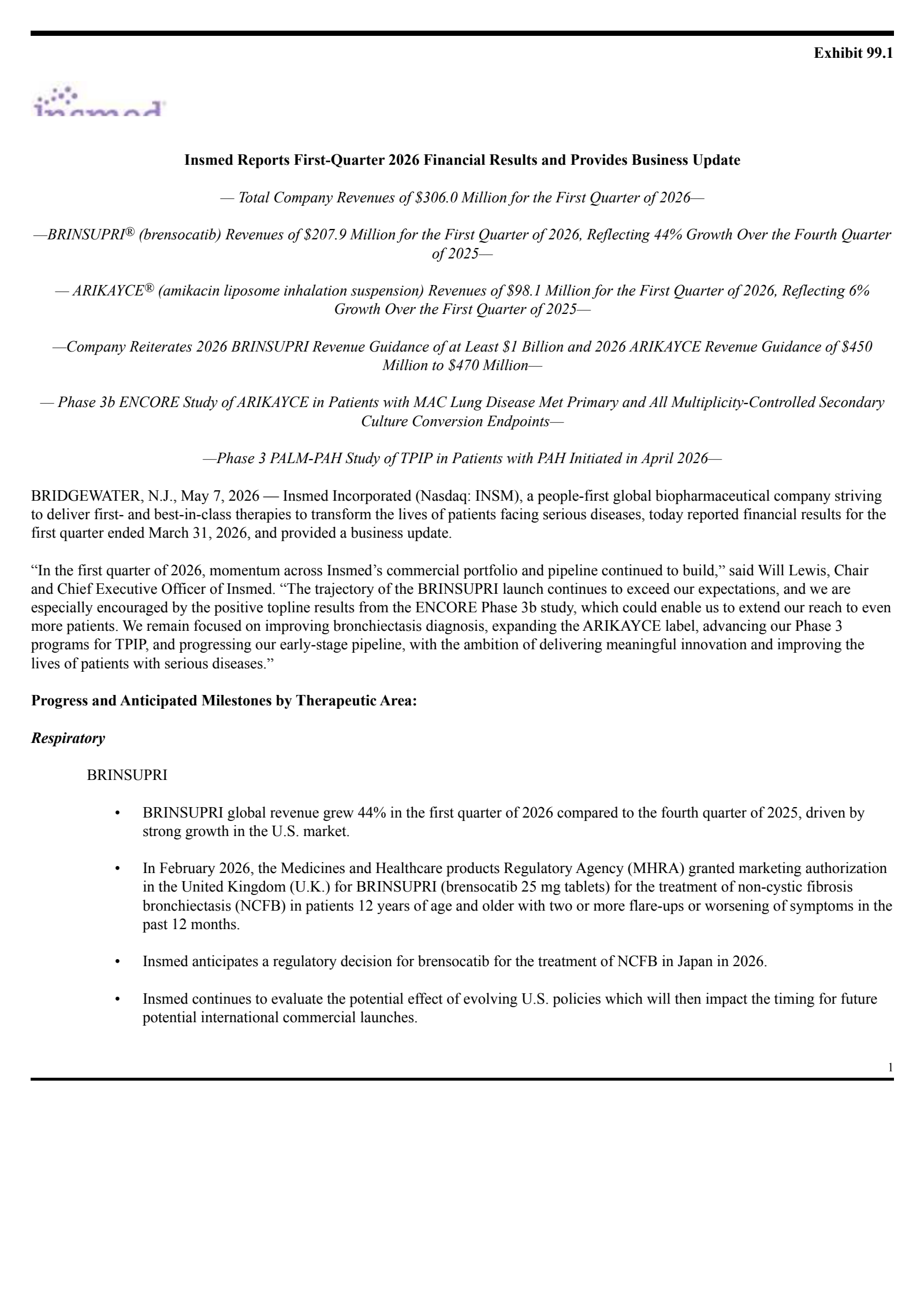 Insmed's Q1 2026 Press Release