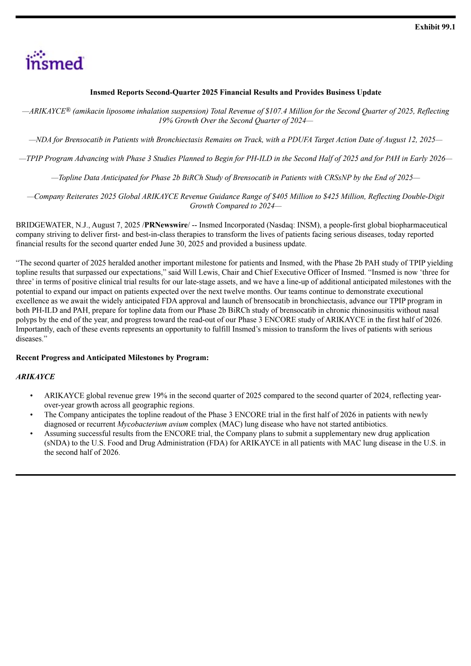 Insmed's Q2 2025 Press Release