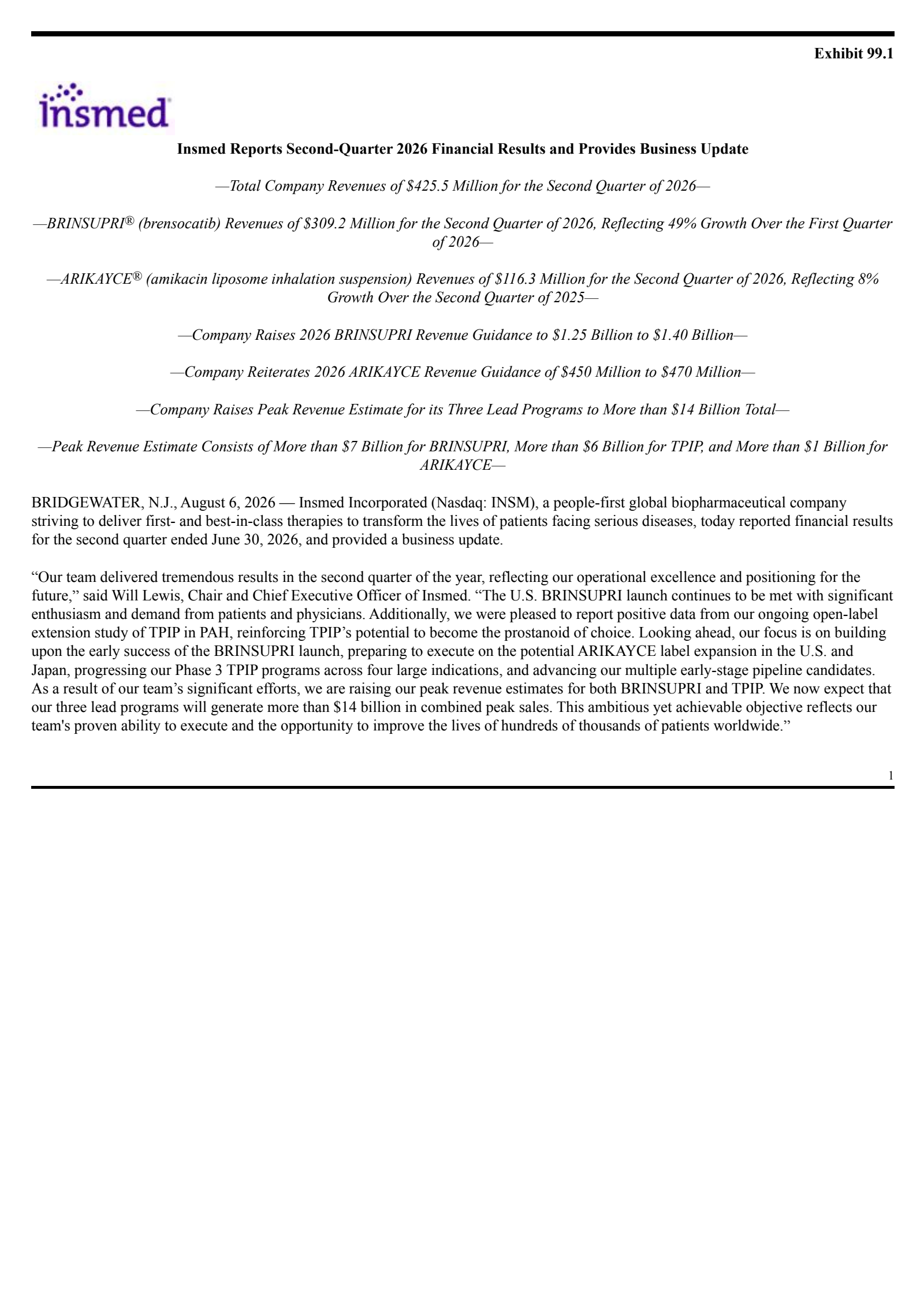 Insmed's Q2 2026 Press Release
