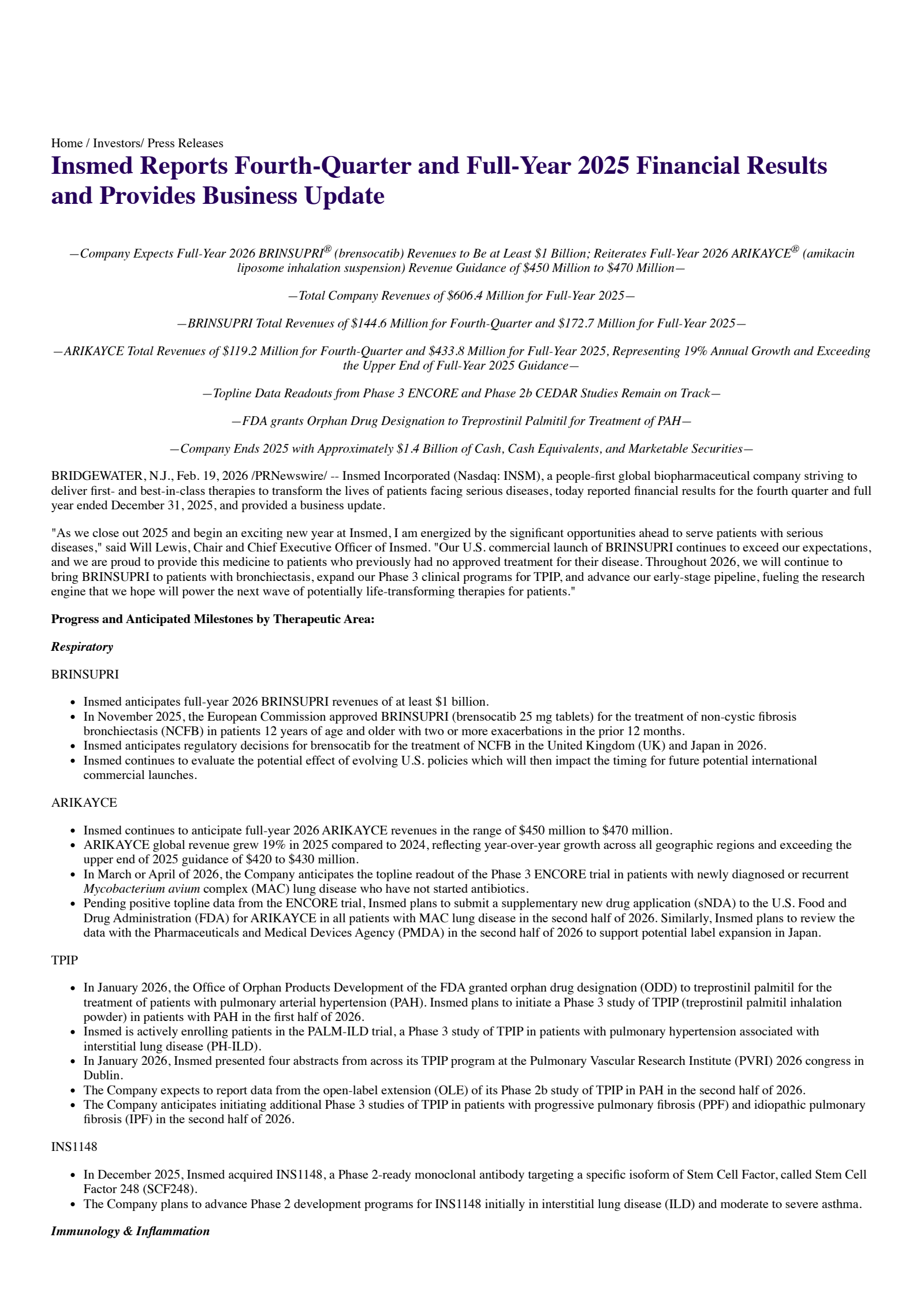 Insmed's Q4 2025 Press Release