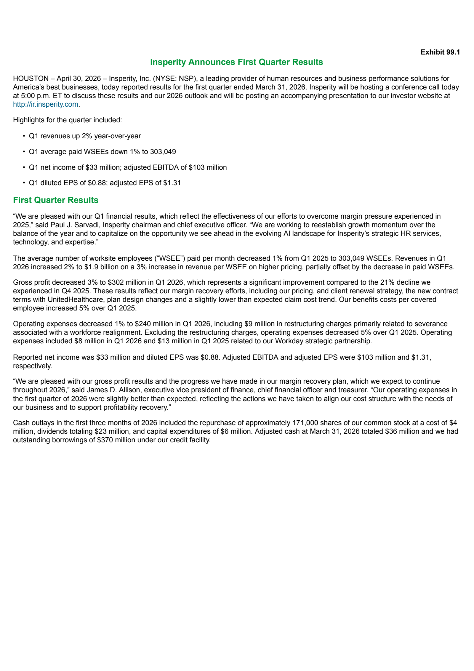 Insperity's Q1 2026 Press Release