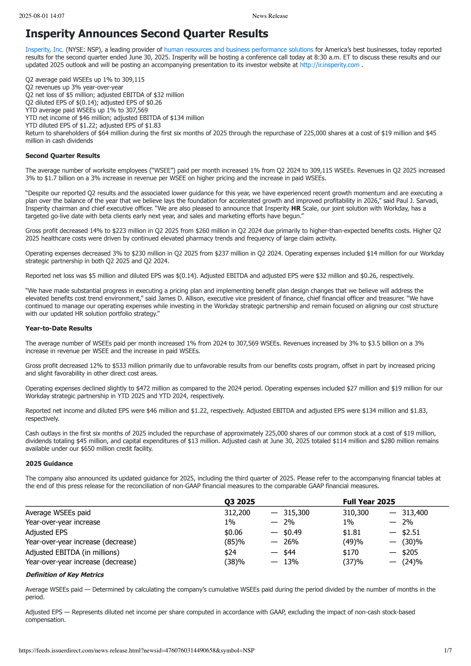 Insperity's Q2 2025 Press Release