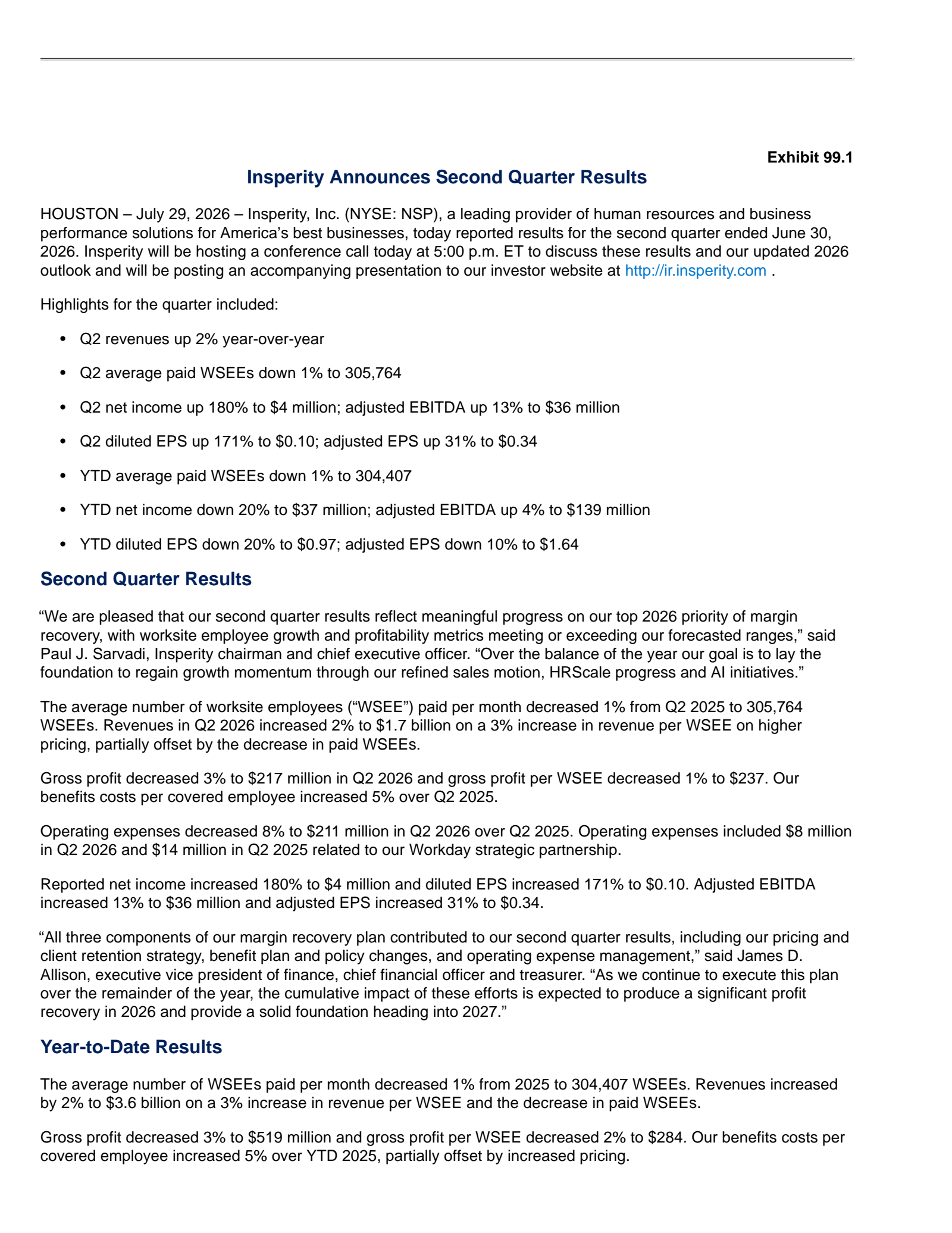 Insperity's Q2 2026 Press Release