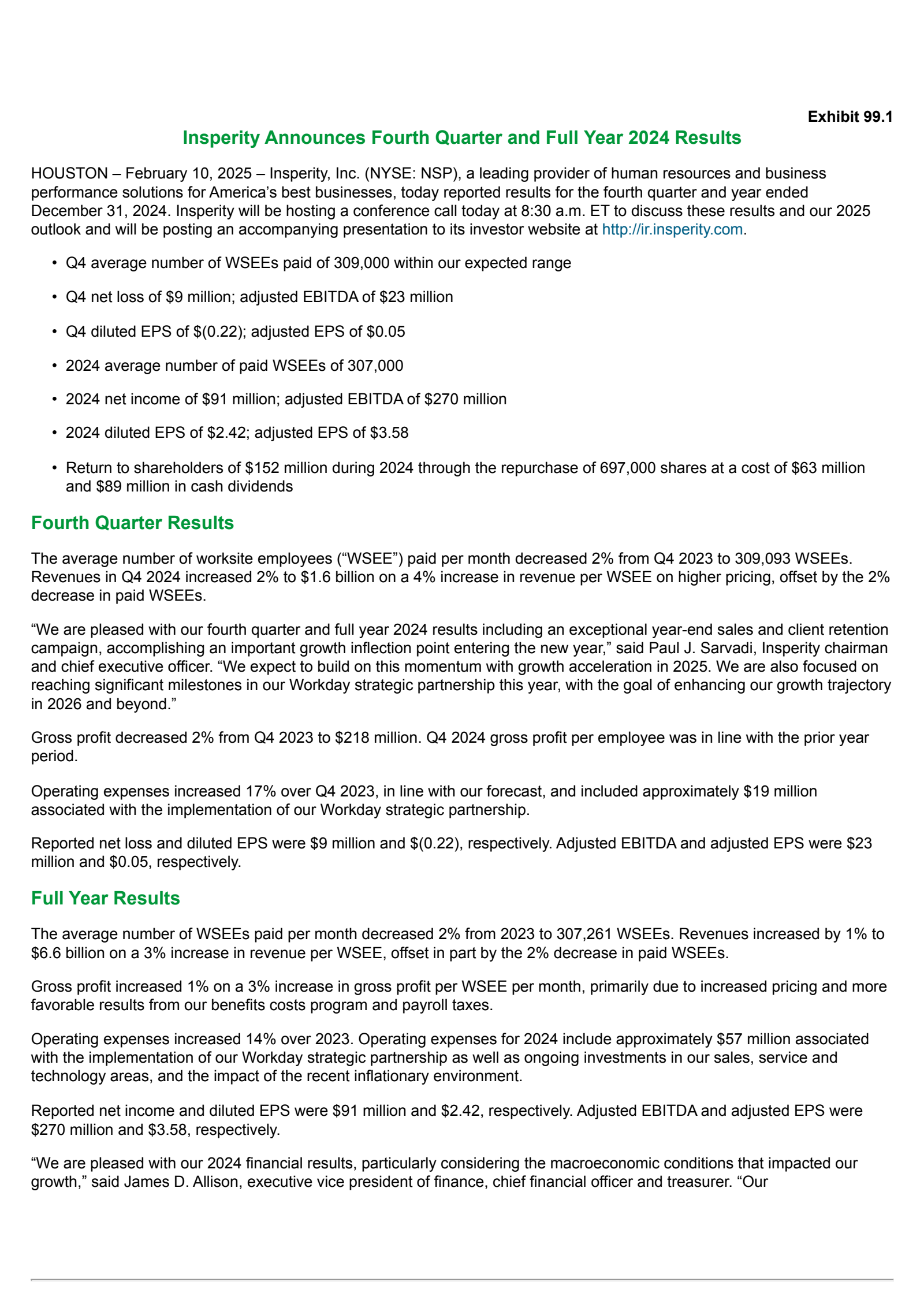 Insperity's Q4 2024 Press Release