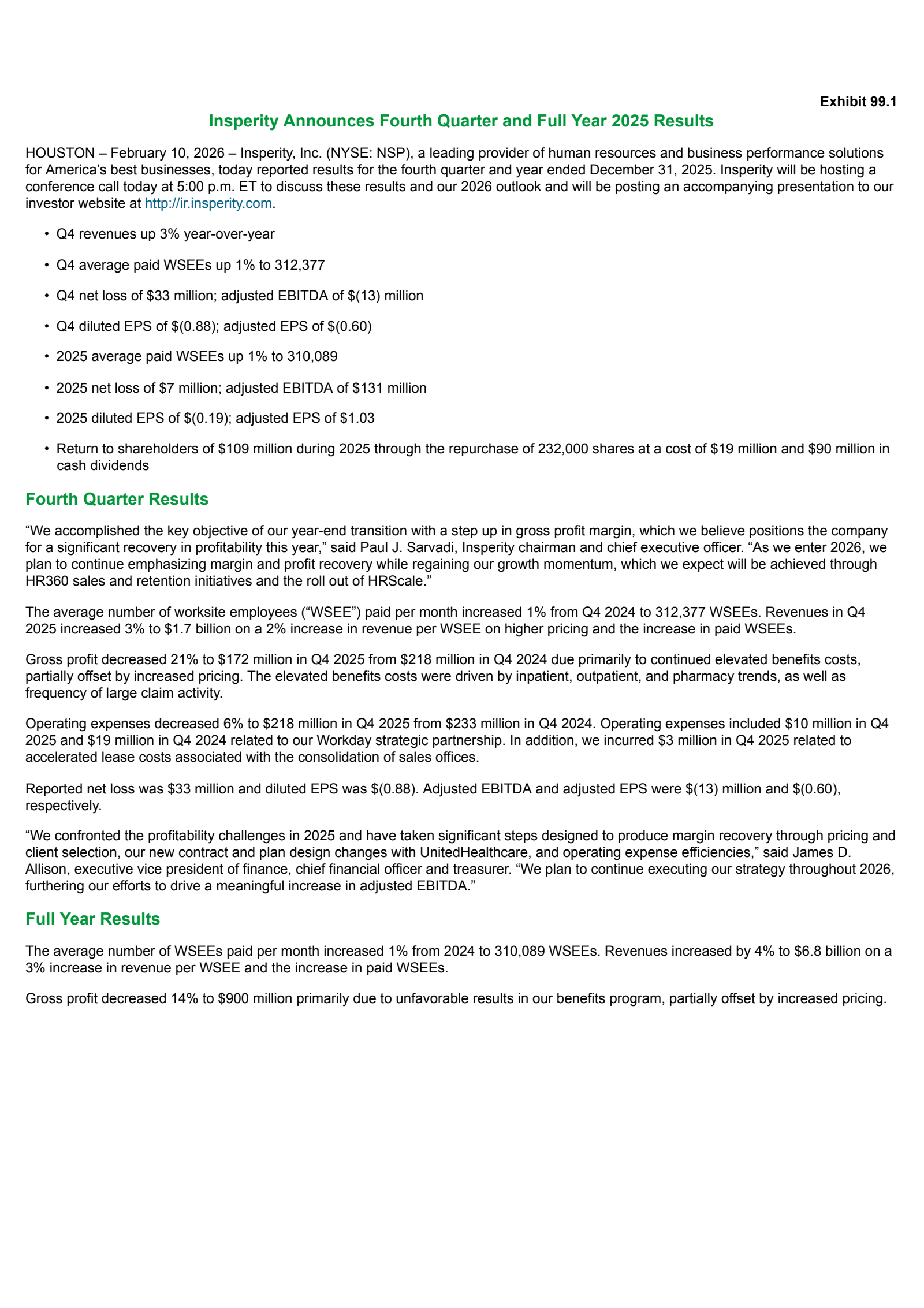 Insperity's Q4 2025 Press Release