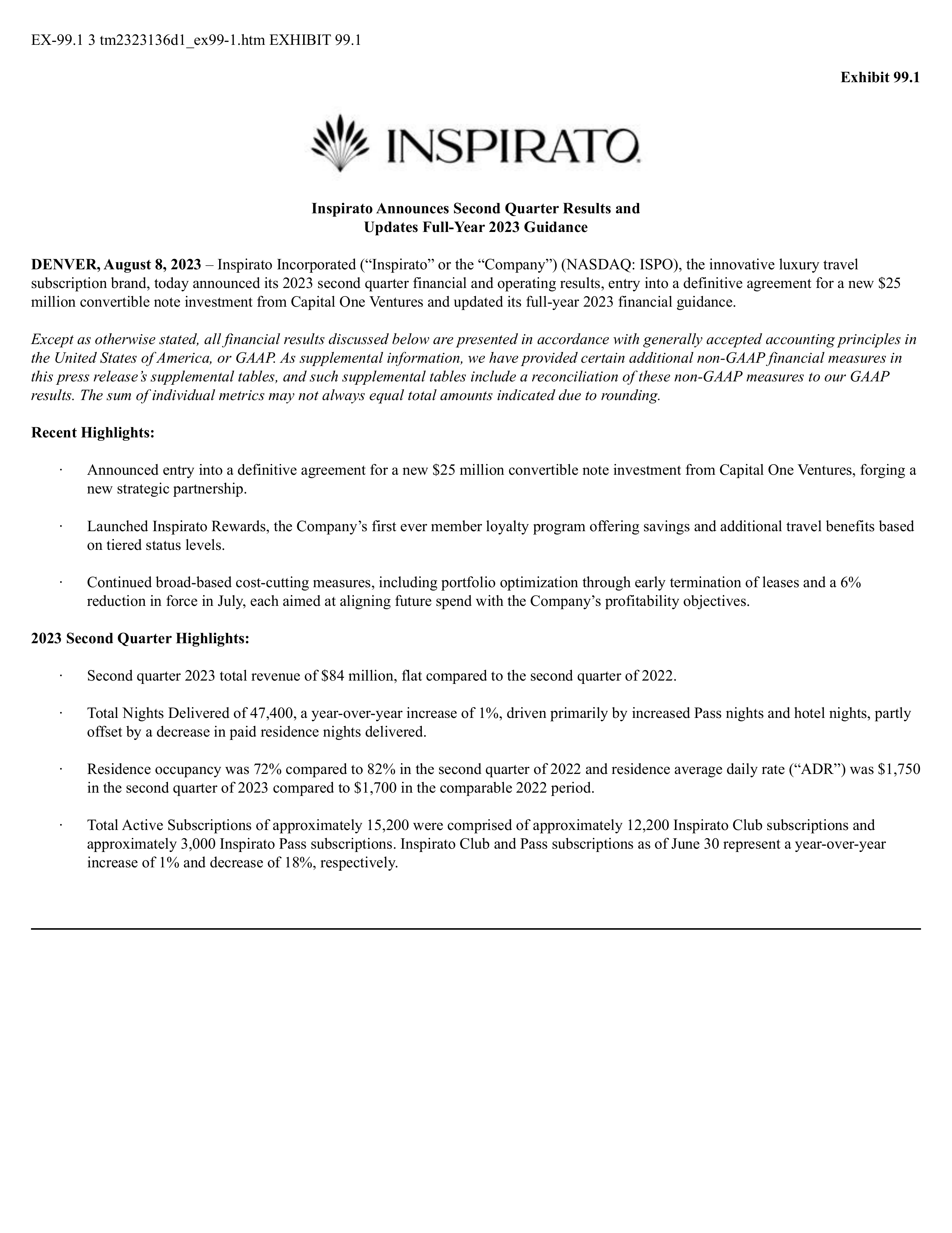 Inspirato's Q2 2023 Press Release