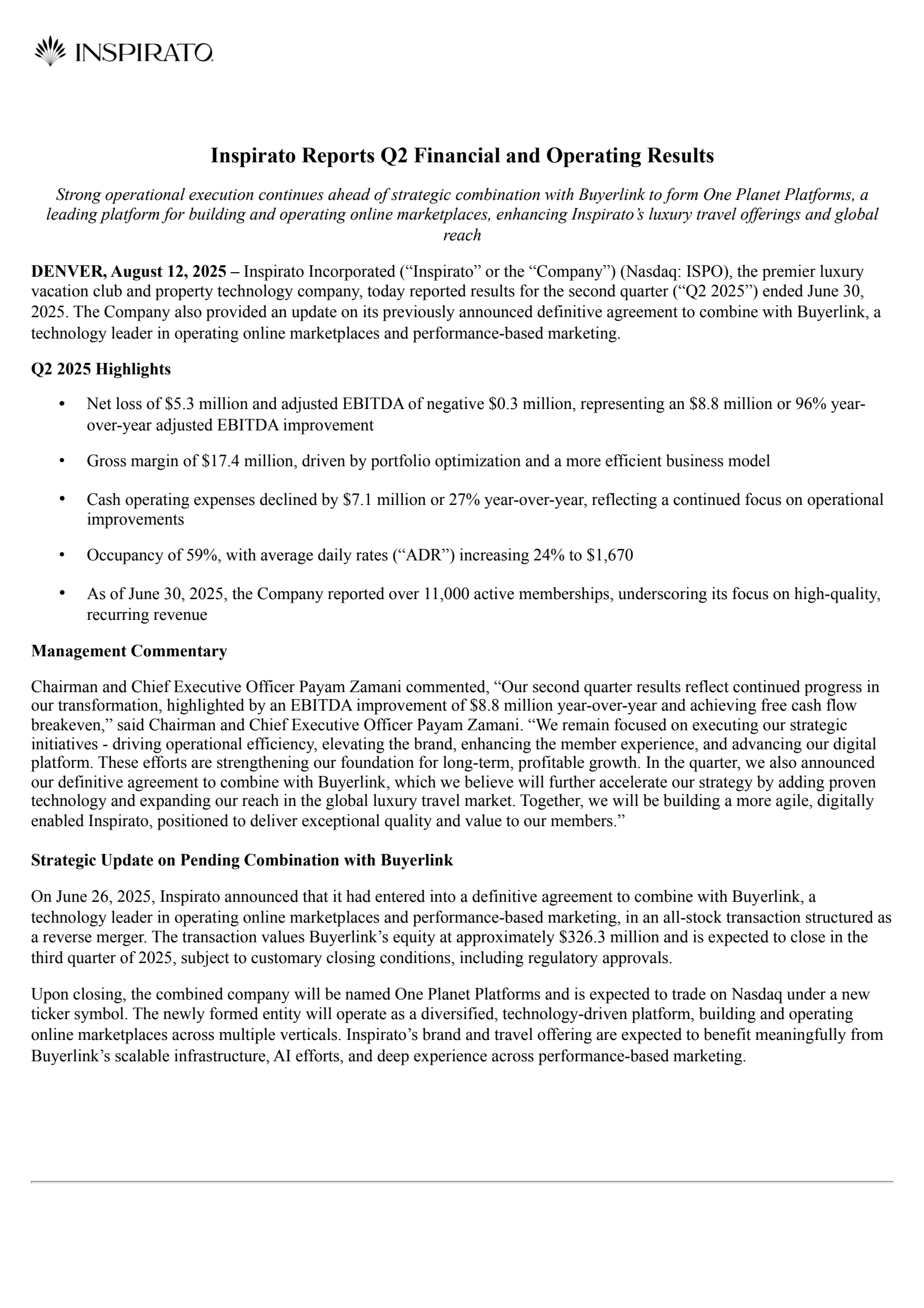 Inspirato's Q2 2025 Press Release