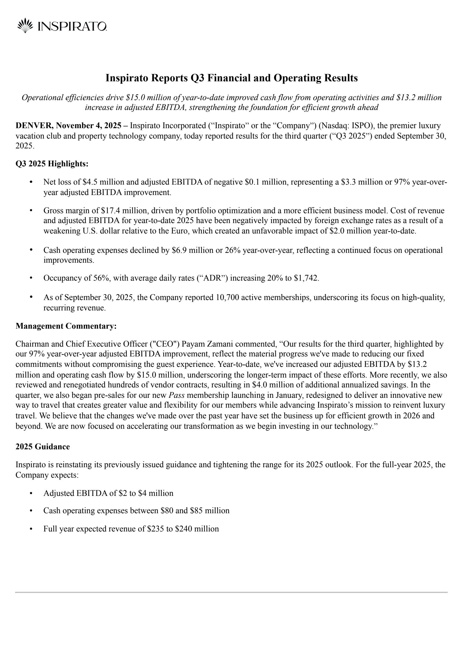 Inspirato's Q3 2025 Earnings Release