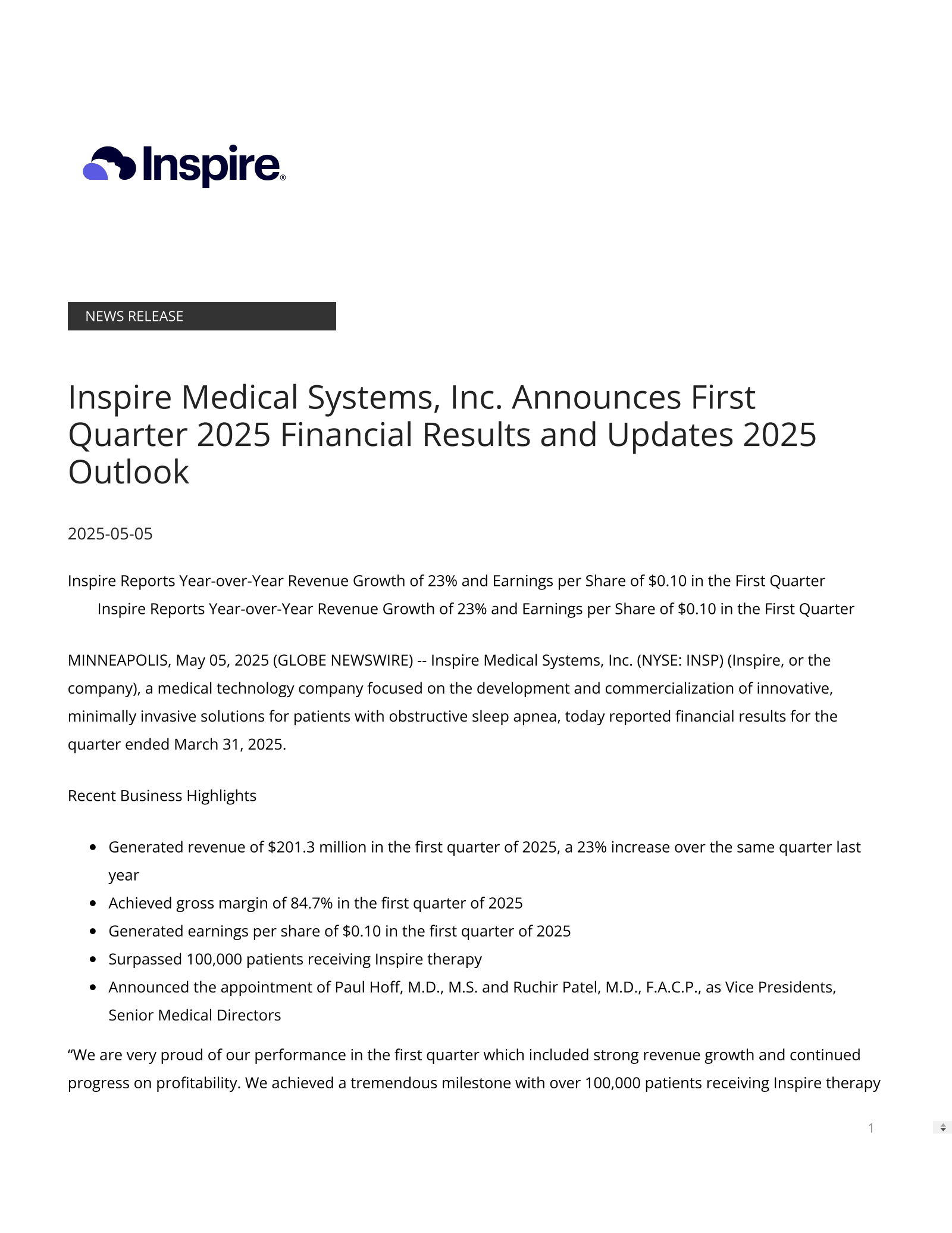 Inspire Medical Systems' Q1 2025 Press Release