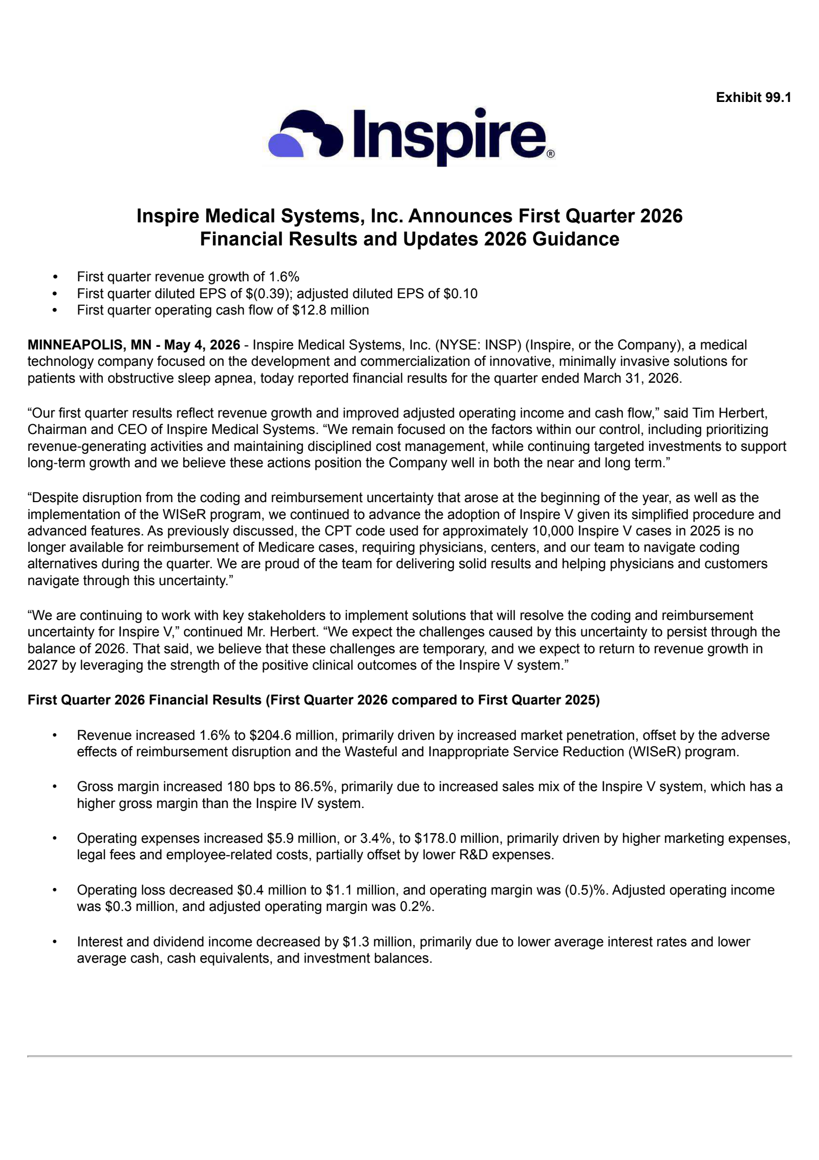 Inspire Medical Systems' Q1 2026 Press Release