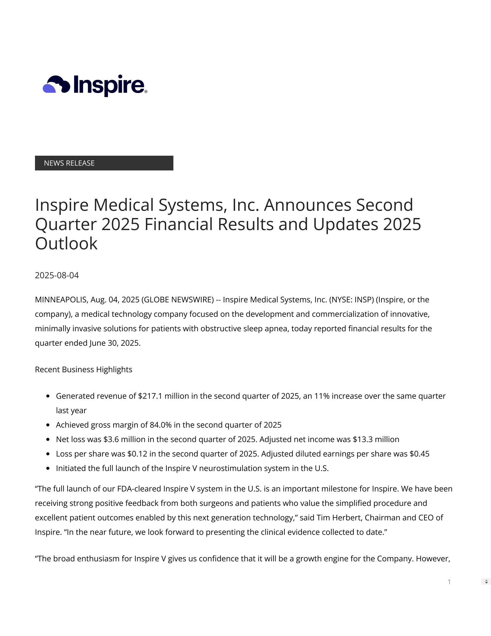 Inspire Medical Systems' Q2 2025 Press Release