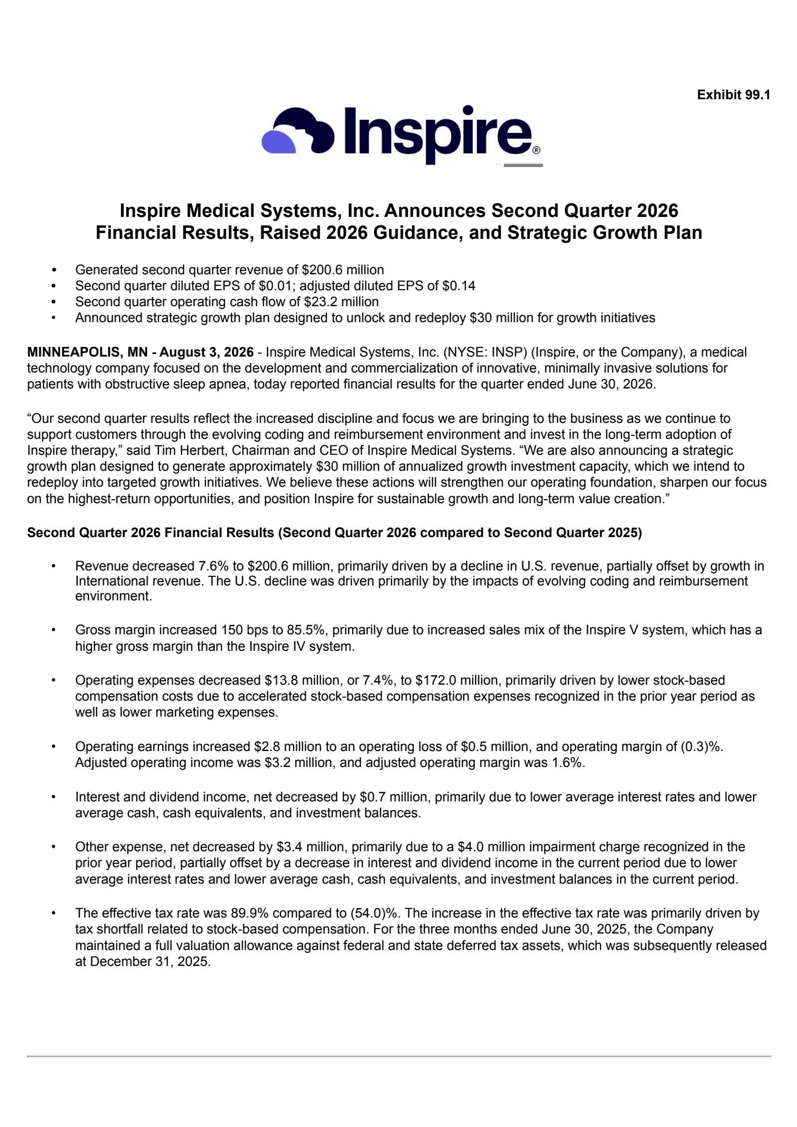 Inspire Medical Systems' Q2 2026 Press Release