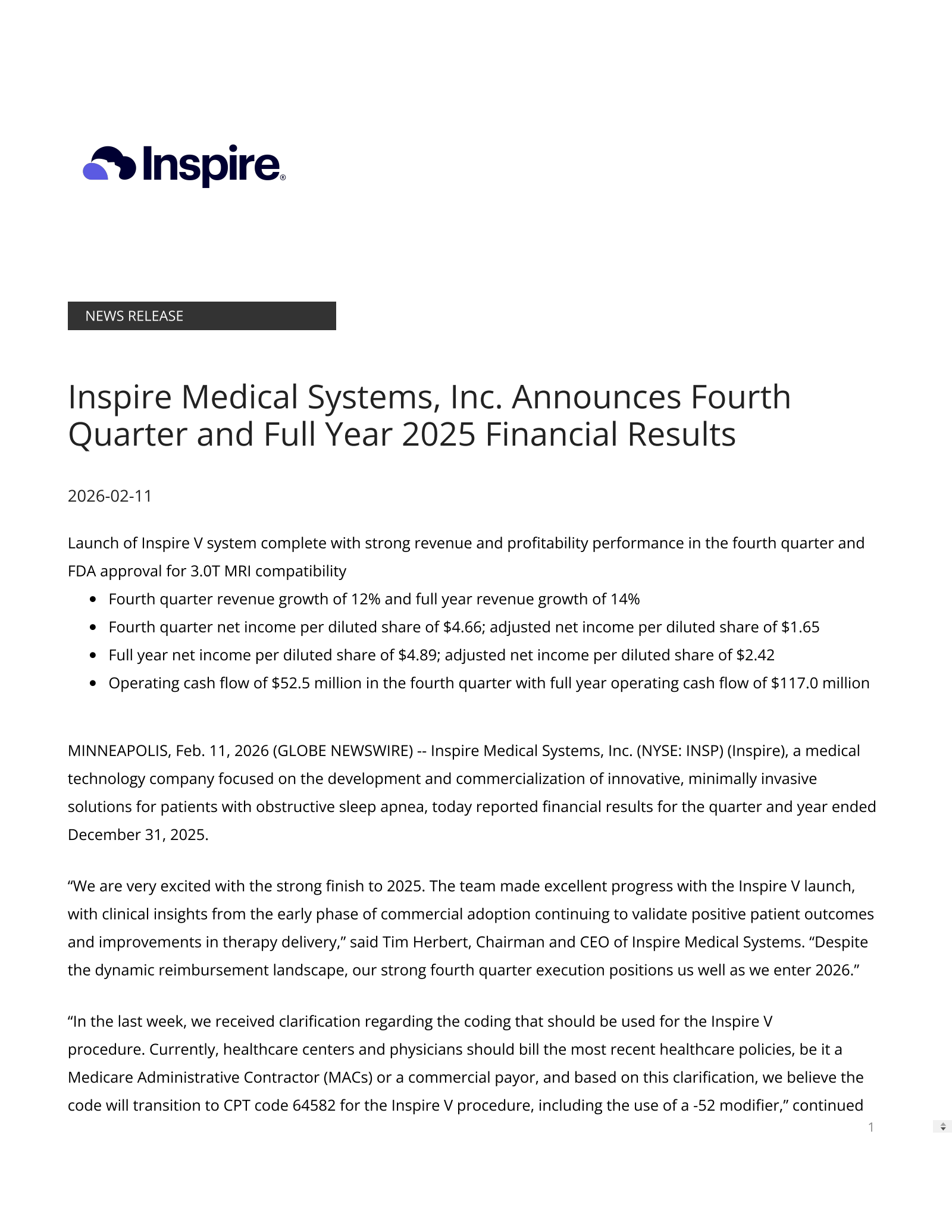 Inspire Medical Systems' Q4 2025 Press Release