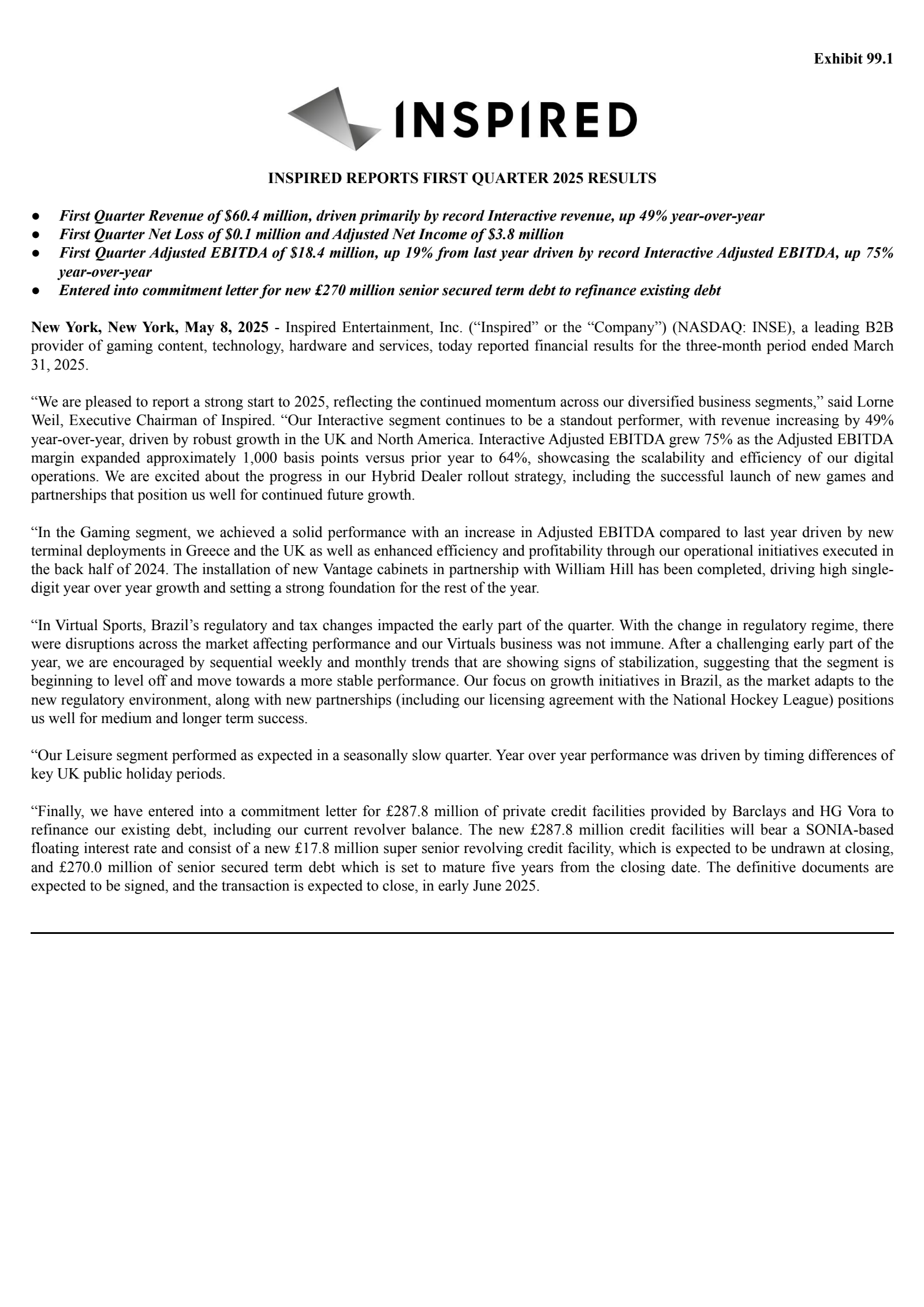 Inspired Entertainment's Q1 2025 Press Release