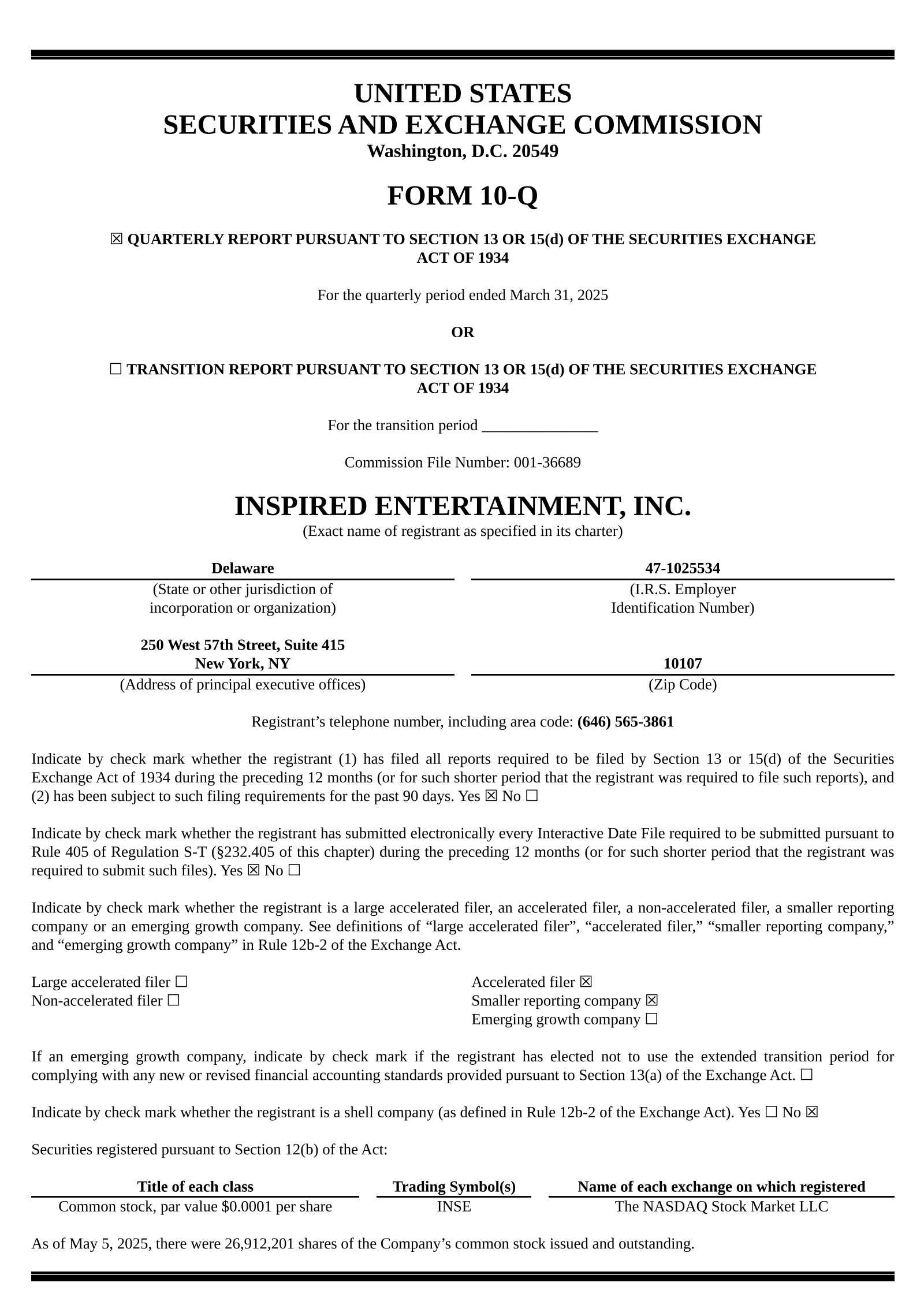Inspired Entertainment's Q1 2025 Quarterly report