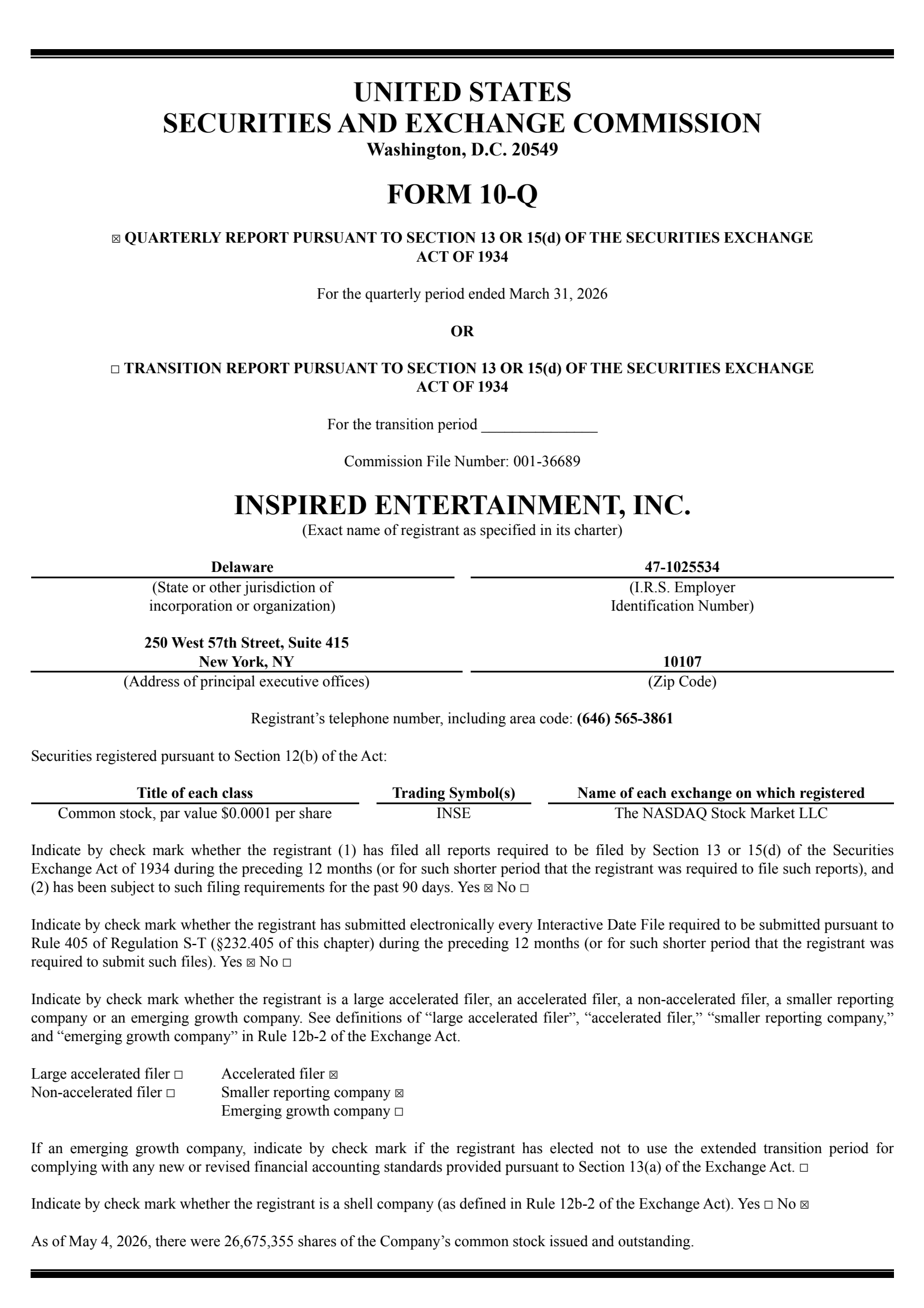 Inspired Entertainment's Q1 2026 Quarterly report