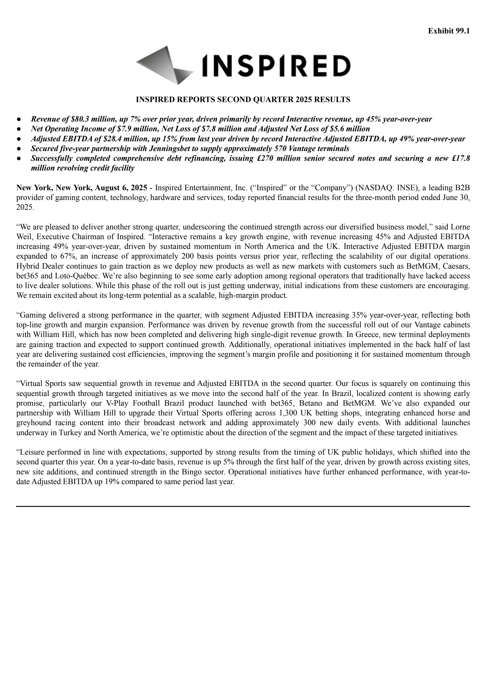 Inspired Entertainment's Q2 2025 Press Release
