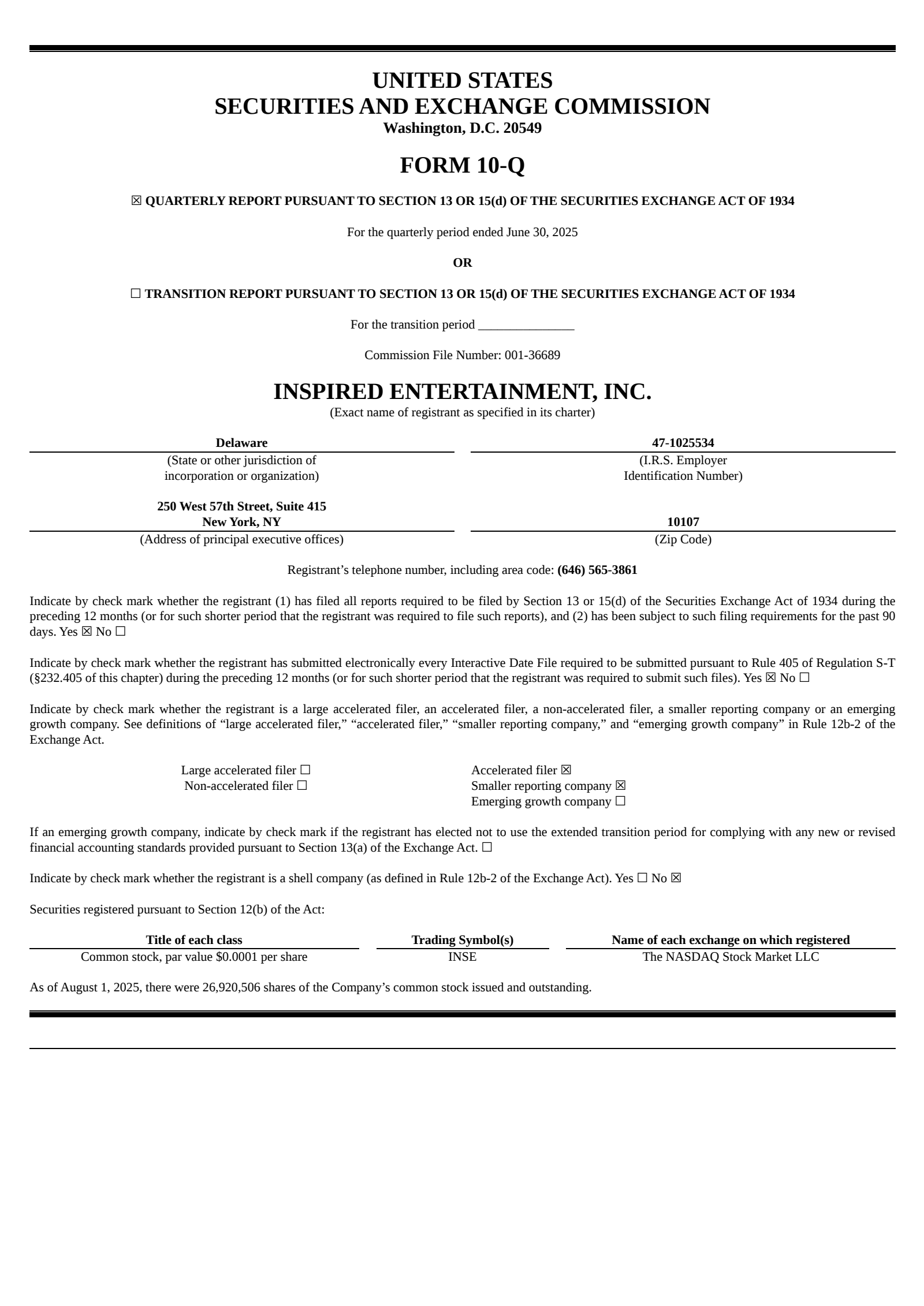Inspired Entertainment's Q2 2025 Quarterly report
