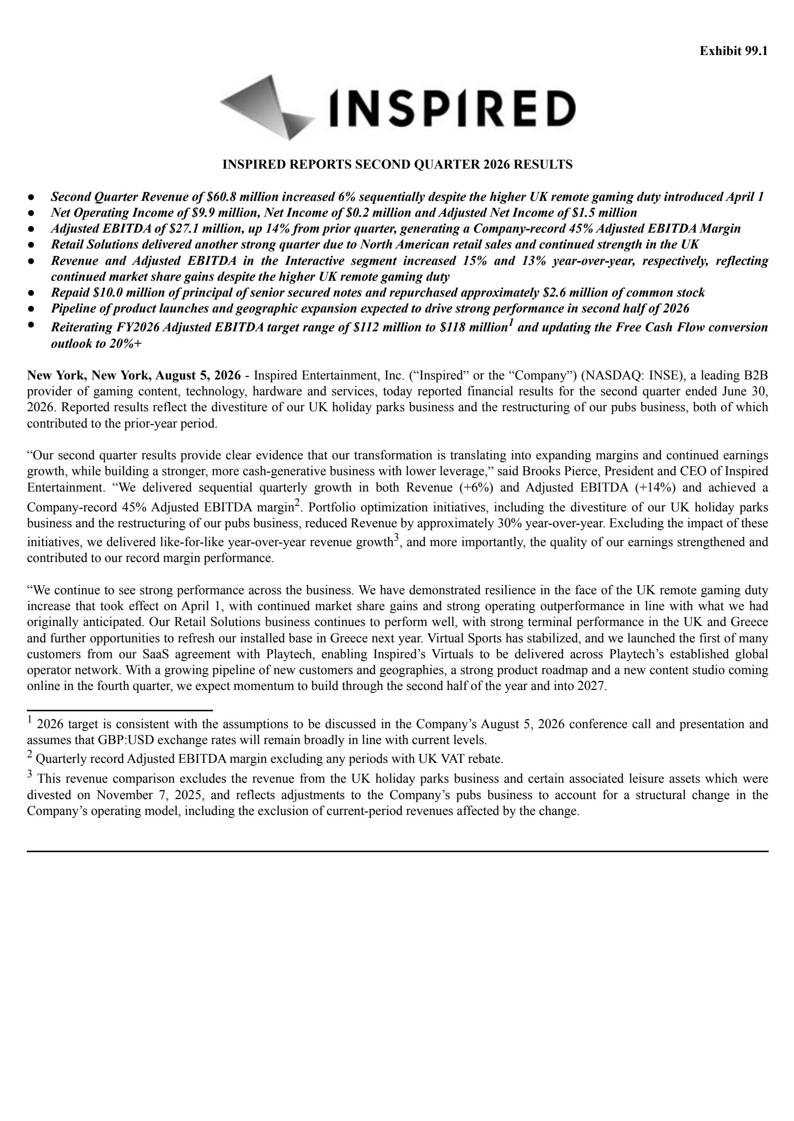 Inspired Entertainment's Q2 2026 Press Release