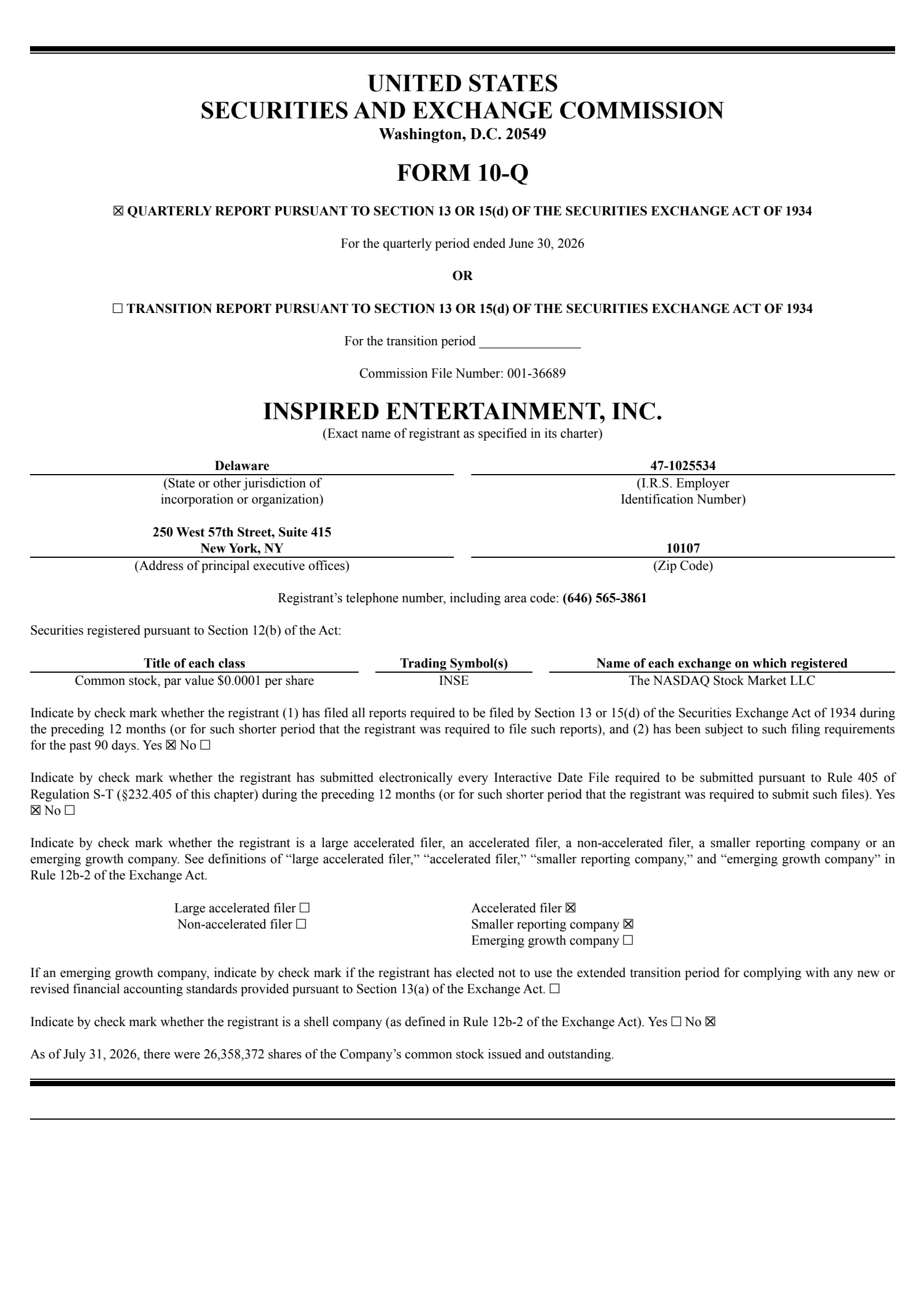 Inspired Entertainment's Q2 2026 Quarterly report