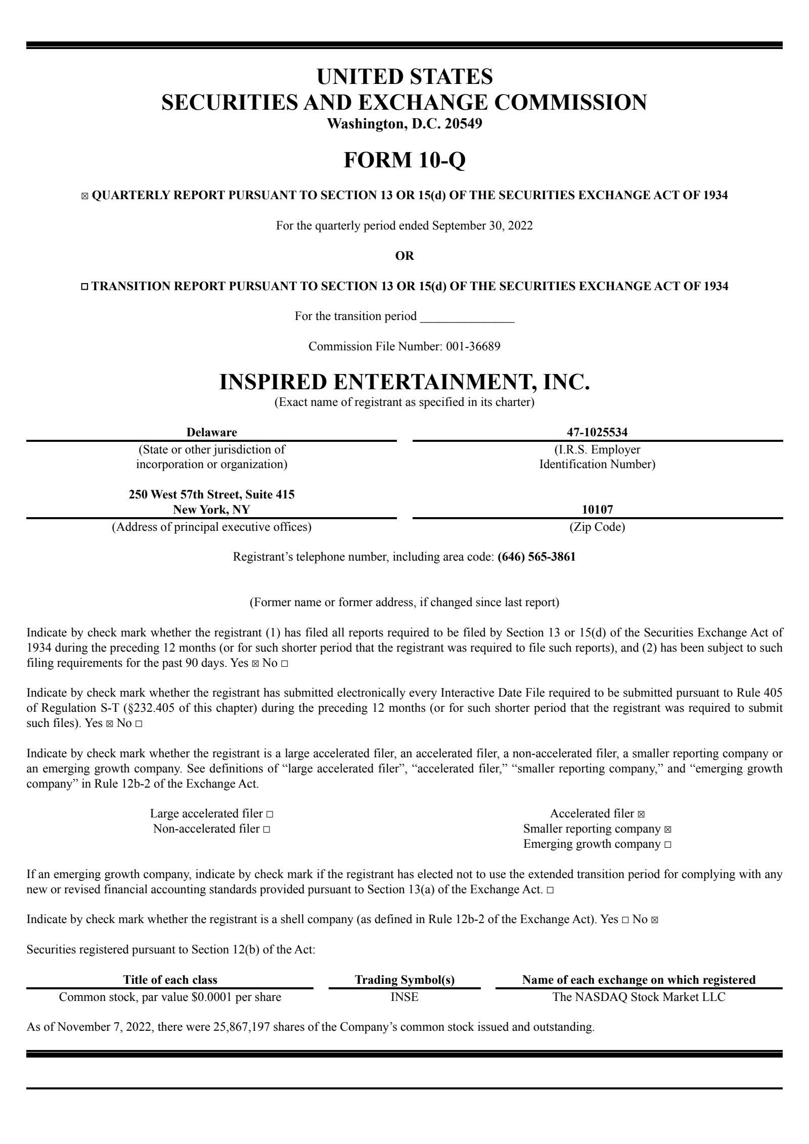 Inspired Entertainment's Q3 2022 Quarterly report