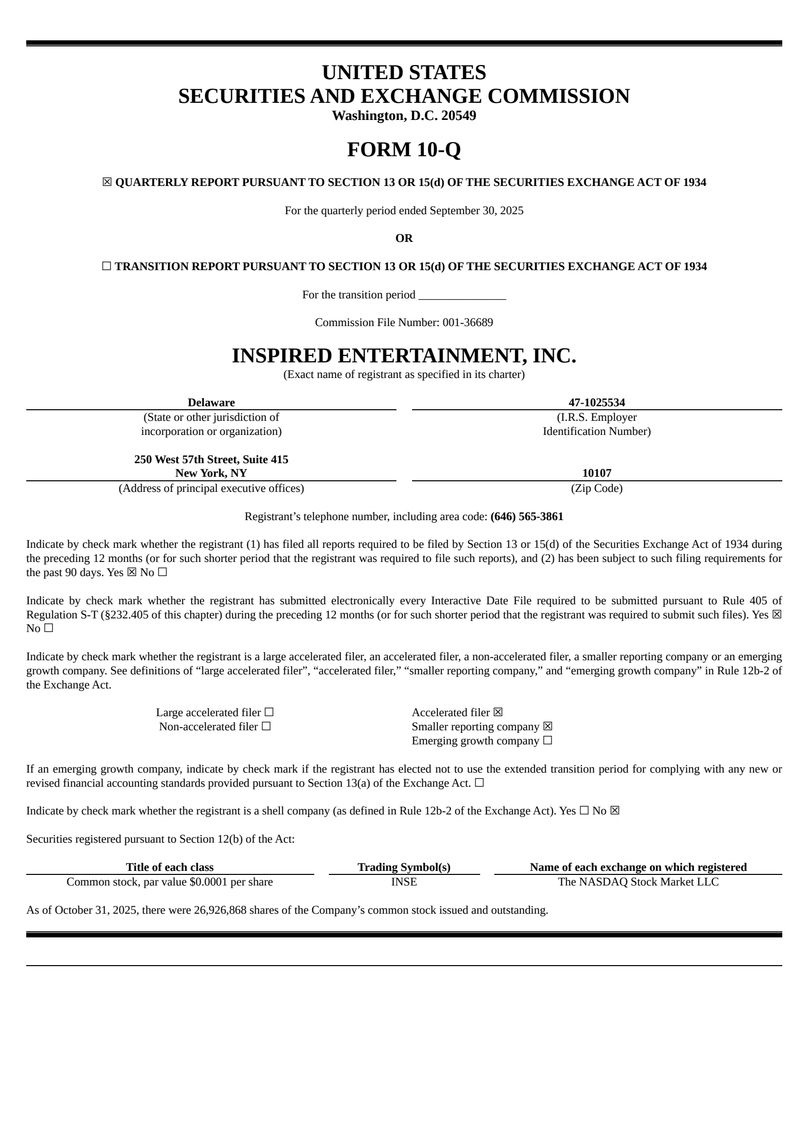 Inspired Entertainment's Q3 2025 Quarterly Report