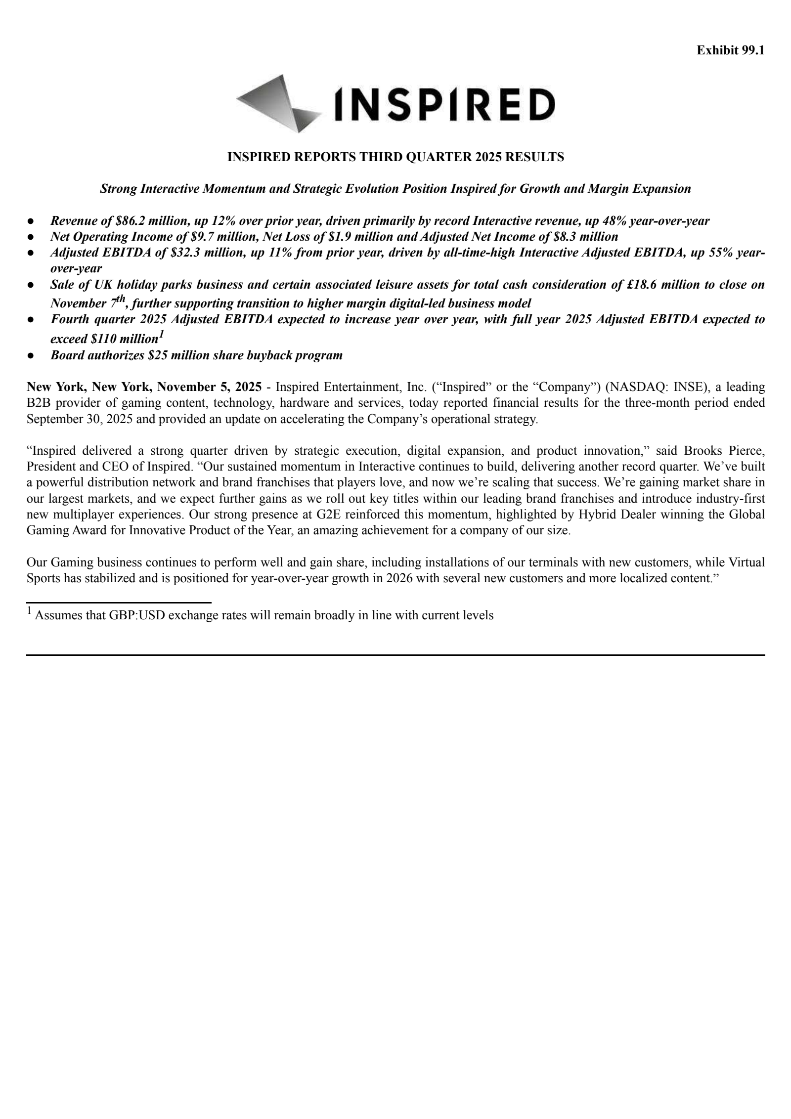 Inspired Entertainment's Q3 2025 Earnings Release